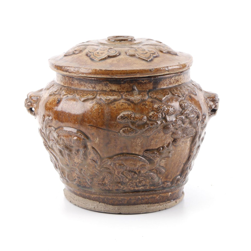 Chinese Embossed Pictorial Stoneware Lidded Jar