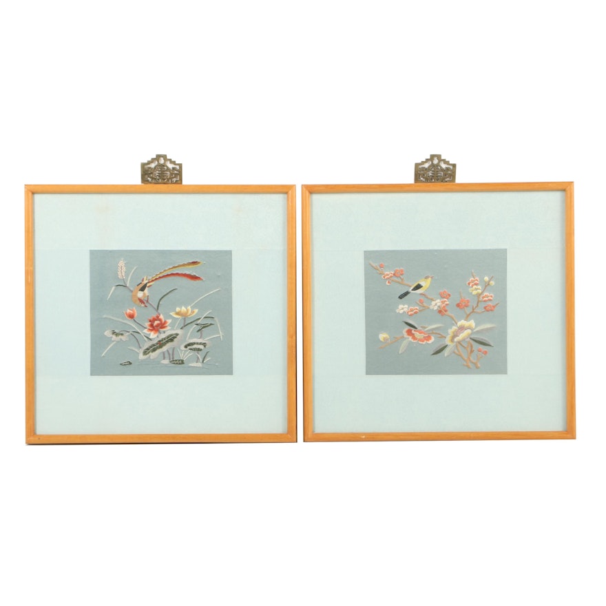 Framed Chinese Silk Embroideries depicting Flower and Bird Vignettes