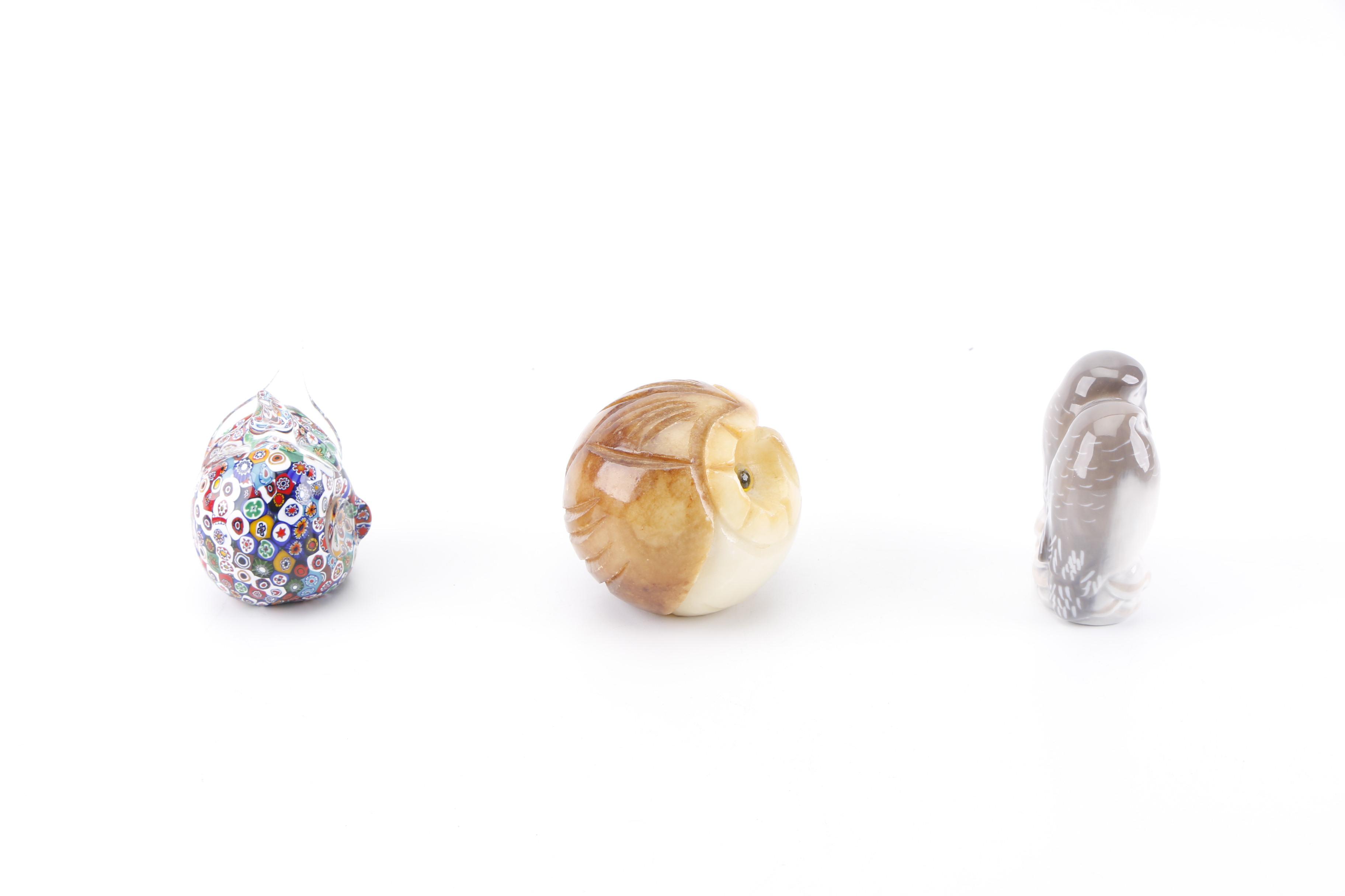 Royal Copenhagen, Italian Alabaster and Glass Owl Paperweights