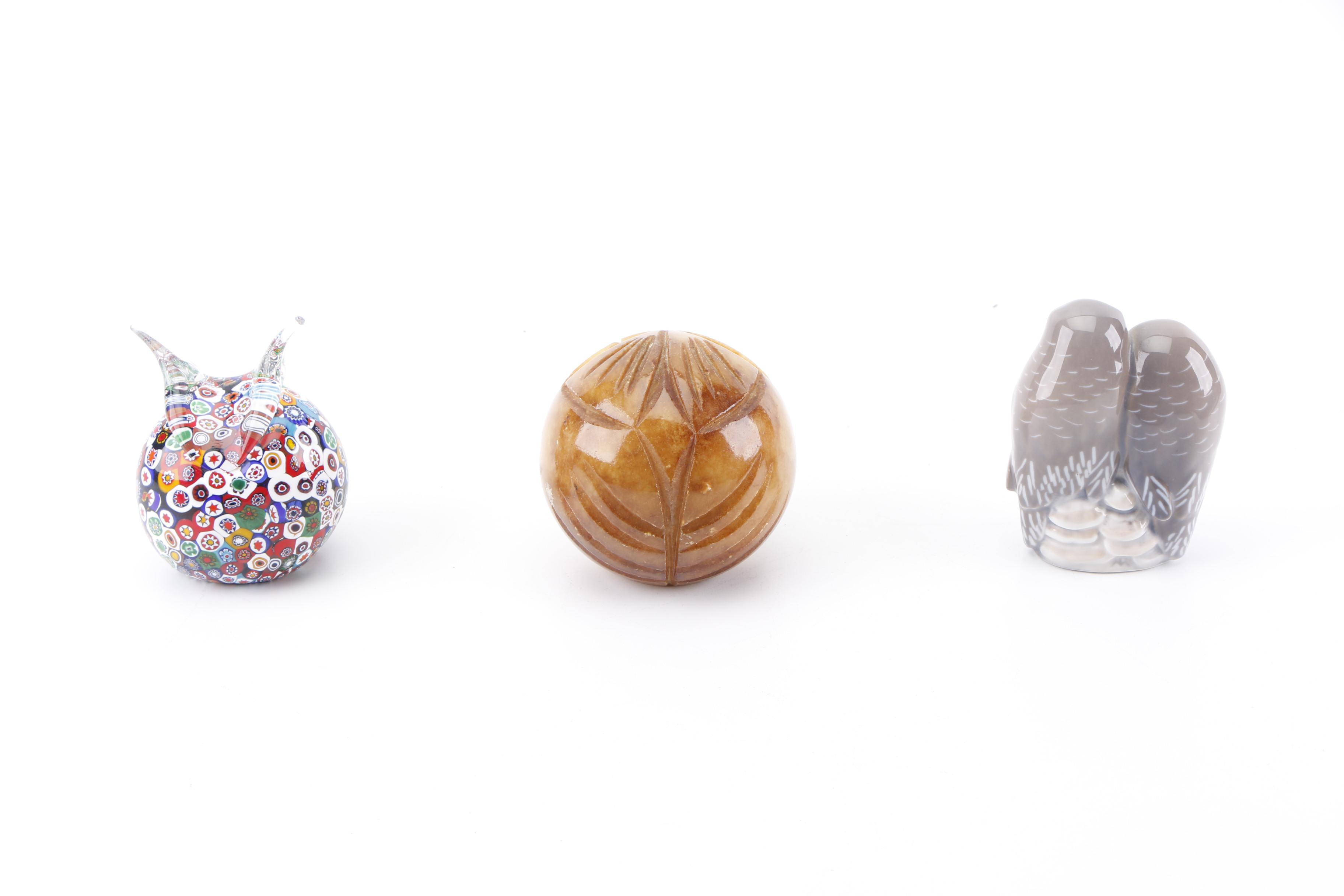 Royal Copenhagen, Italian Alabaster and Glass Owl Paperweights