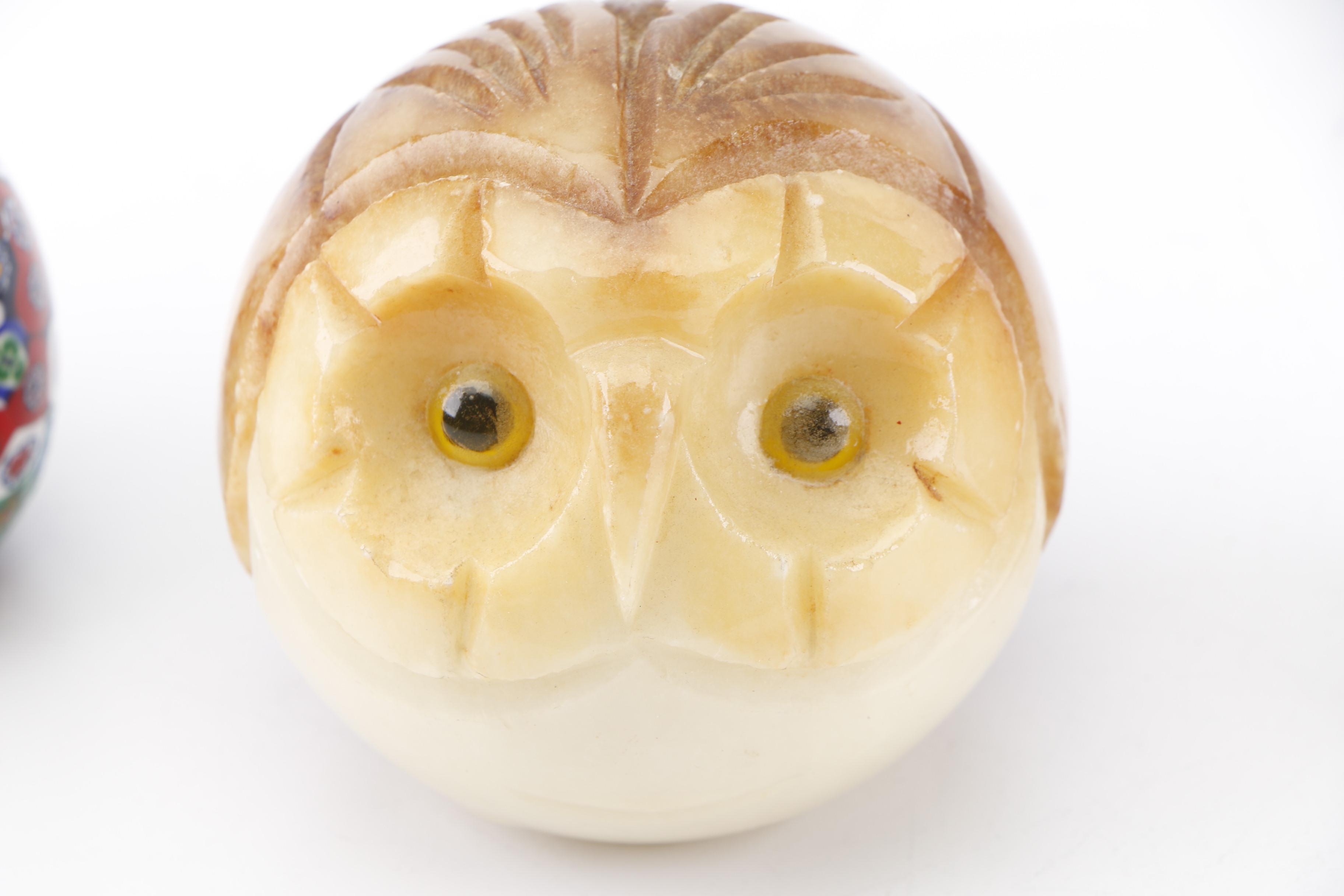 Royal Copenhagen, Italian Alabaster and Glass Owl Paperweights