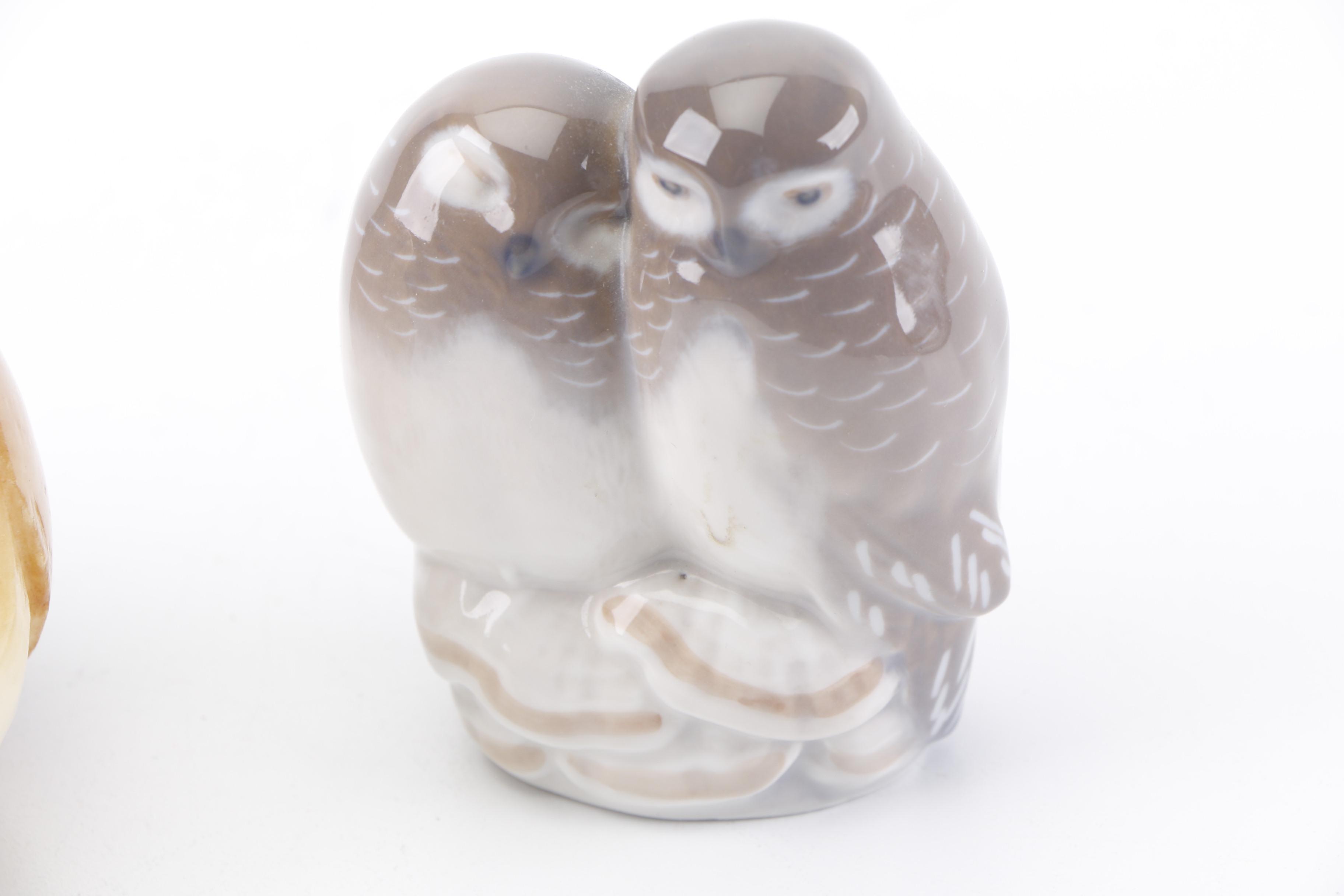 Royal Copenhagen, Italian Alabaster and Glass Owl Paperweights