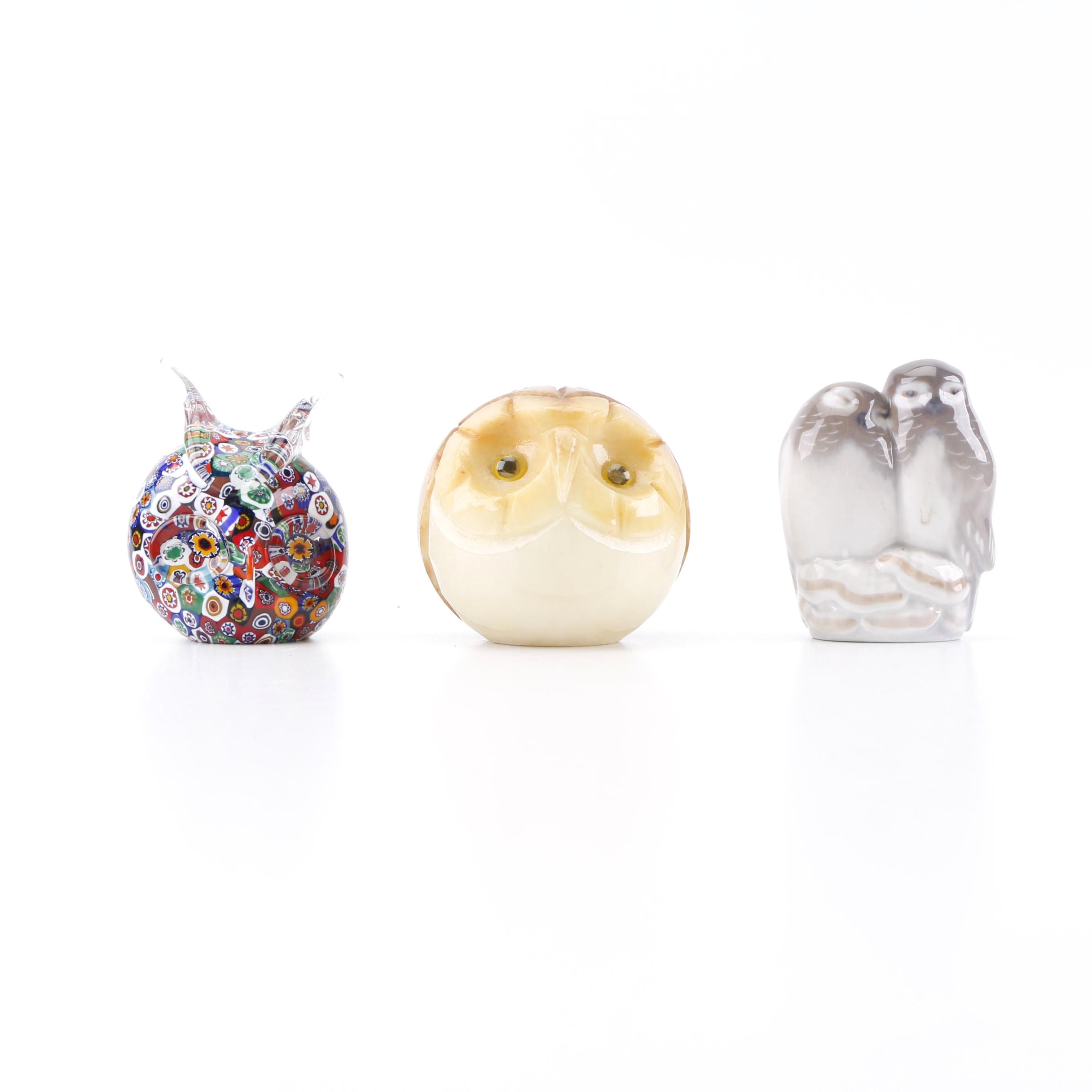 Royal Copenhagen, Italian Alabaster and Glass Owl Paperweights