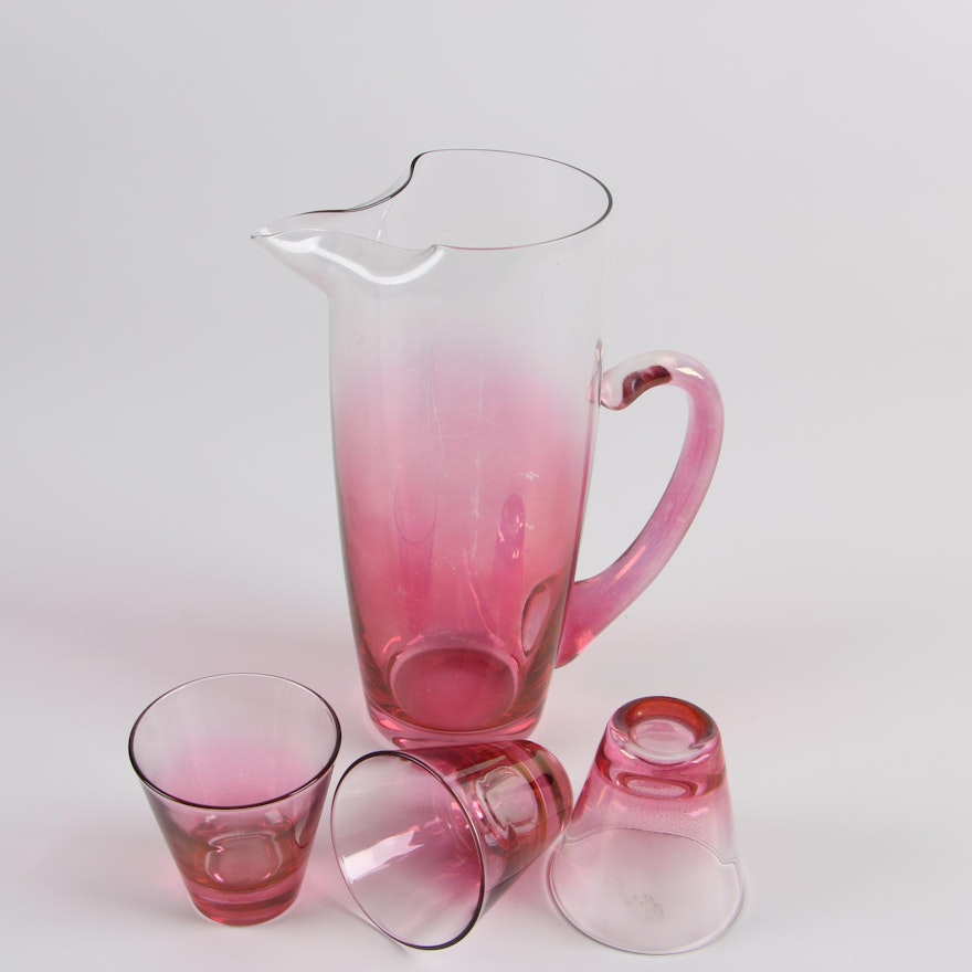 Circa 1960s Cocktail Pitcher and Glasses with Applied Blown Glass Handle
