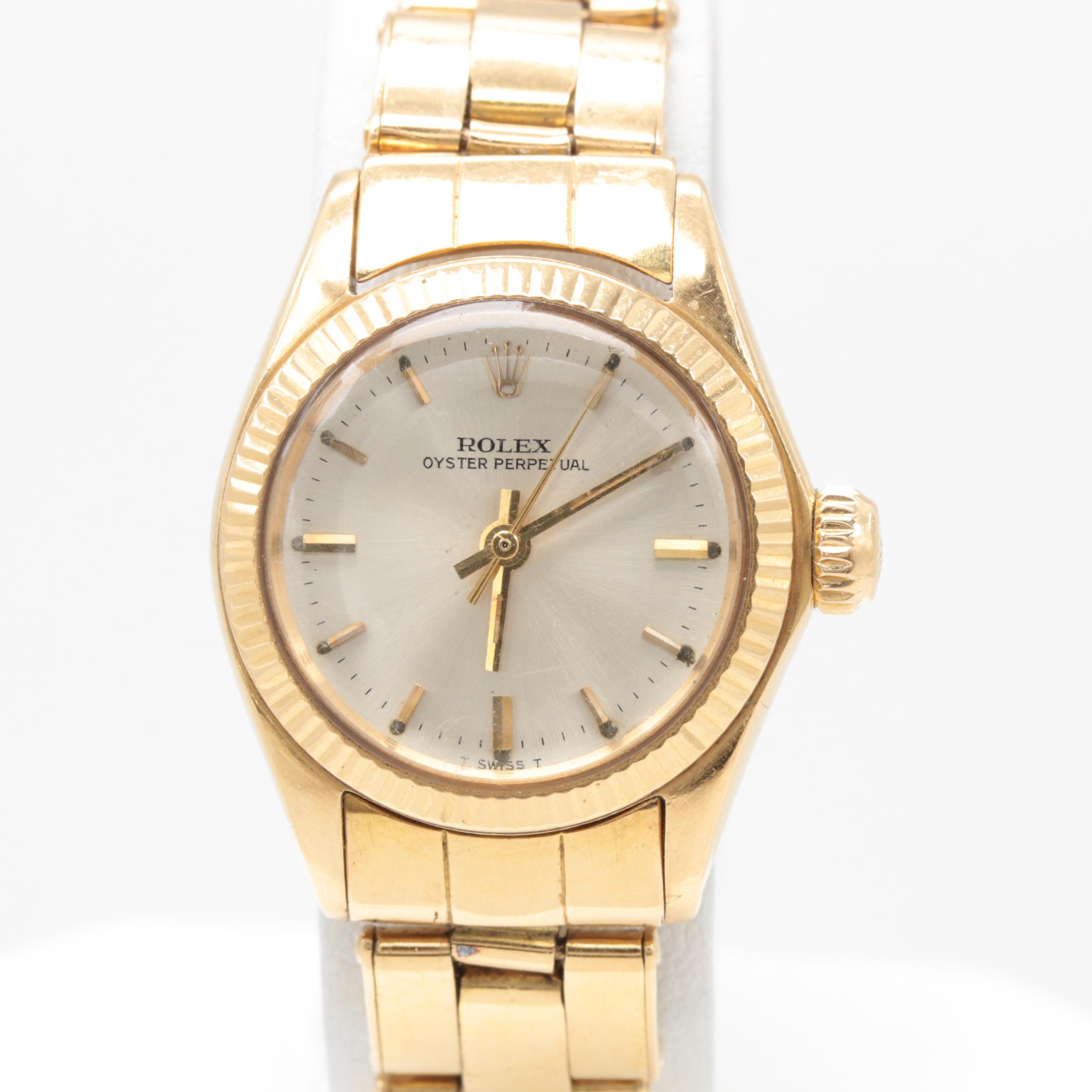 Circa 1966 Rolex Oyster Perpetual 18K Yellow Gold Silver Tone Dial Watch