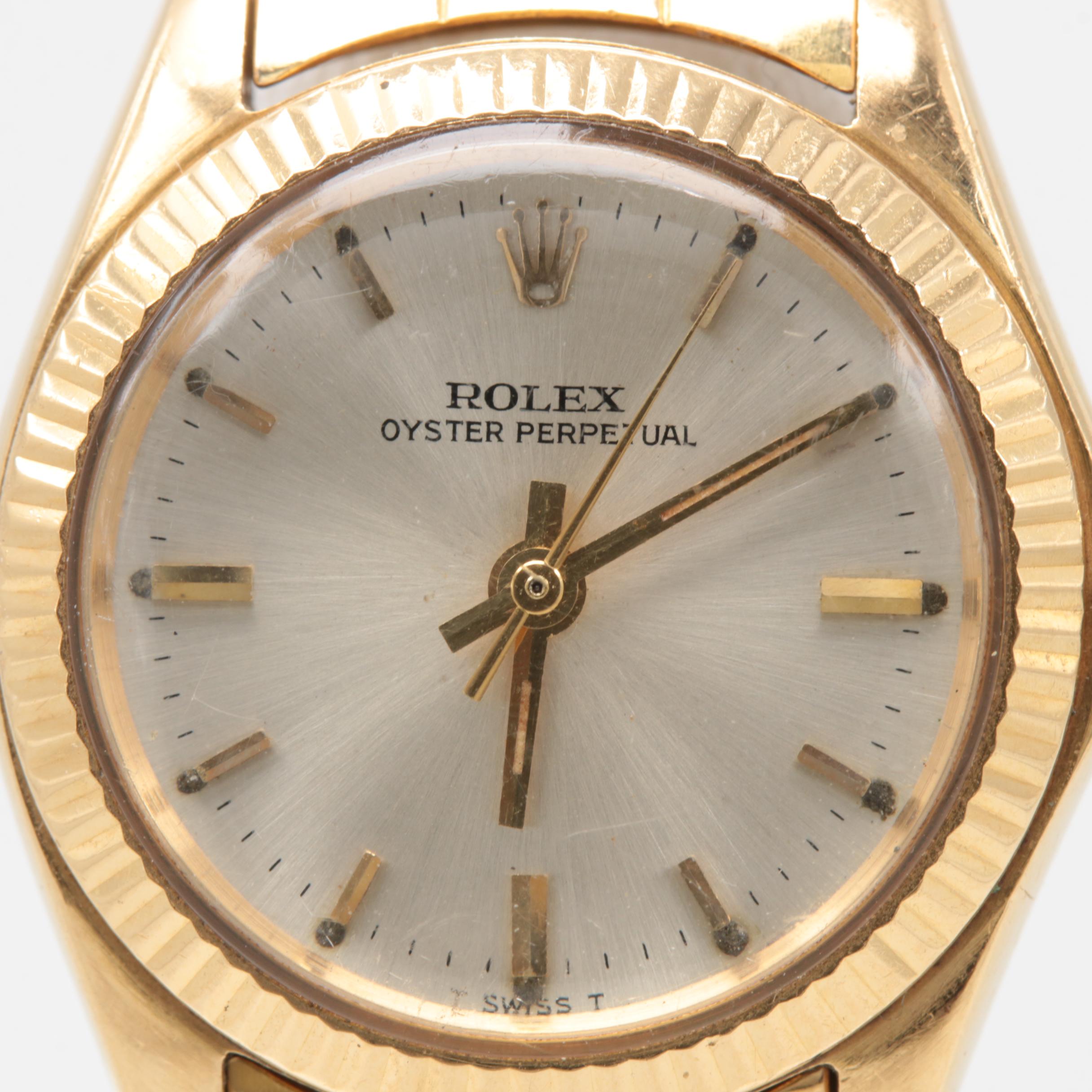 Circa 1966 Rolex Oyster Perpetual 18K Yellow Gold Silver Tone Dial Watch