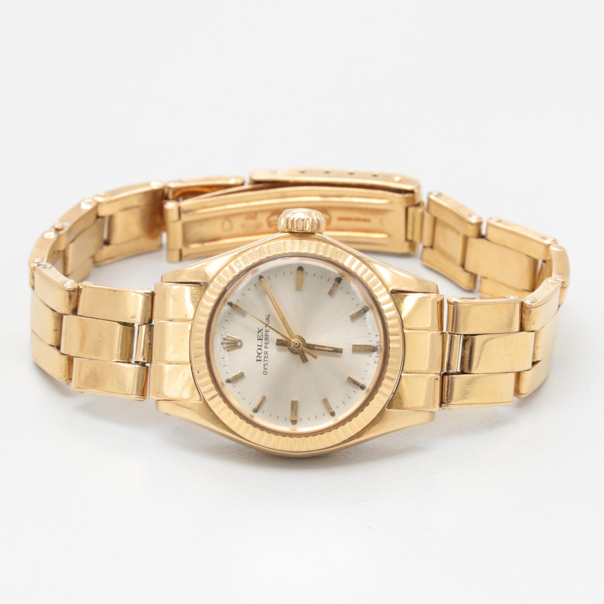 Circa 1966 Rolex Oyster Perpetual 18K Yellow Gold Silver Tone Dial Watch