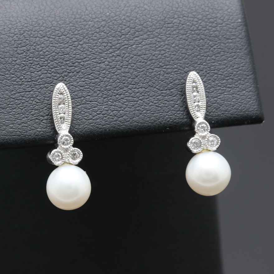 10K White Gold Cultured Pearl and Diamond Drop Earrings with 14K Gold Accents