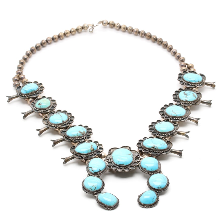 Southwestern Style Sterling Silver Turquoise Squash Blossom Necklace