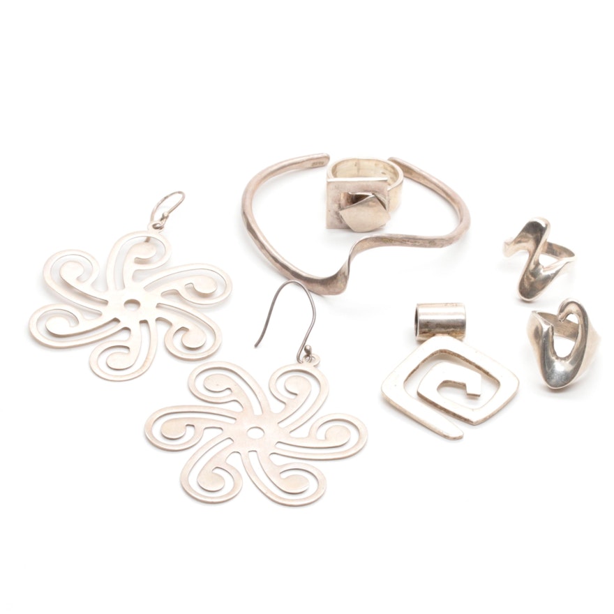 Sterling Silver Cuff Bracelet, Earrings and Rings Includes Mexican Silver