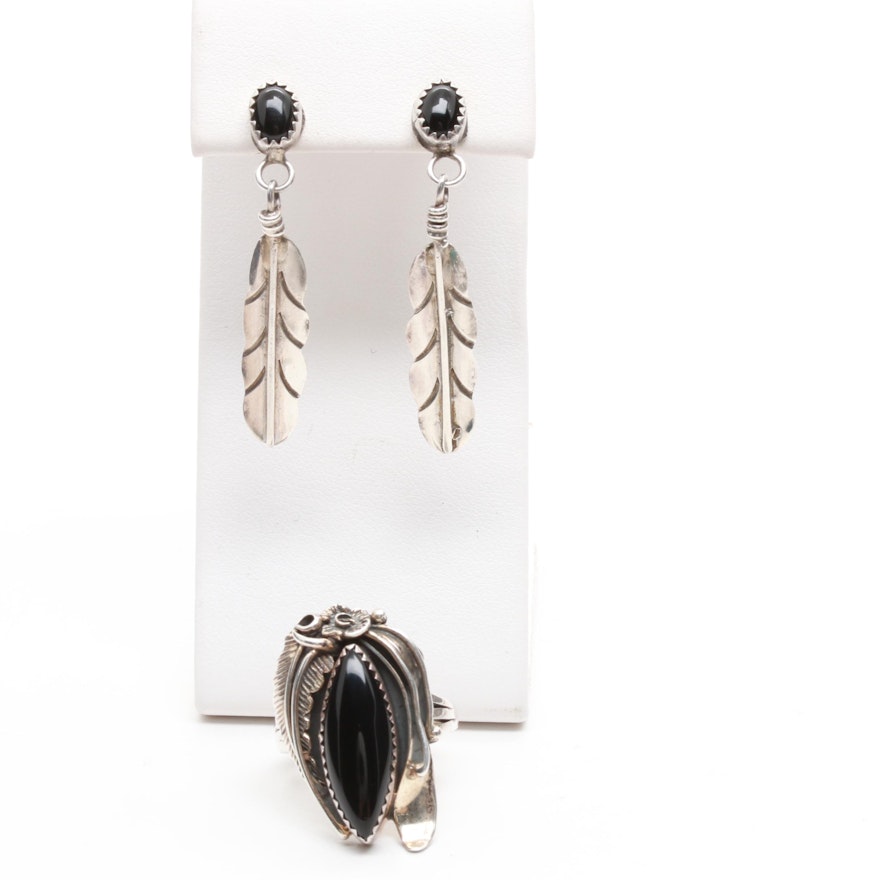 Southwestern Style Sterling Silver Black Onyx Ring and Feather Motif Earrings