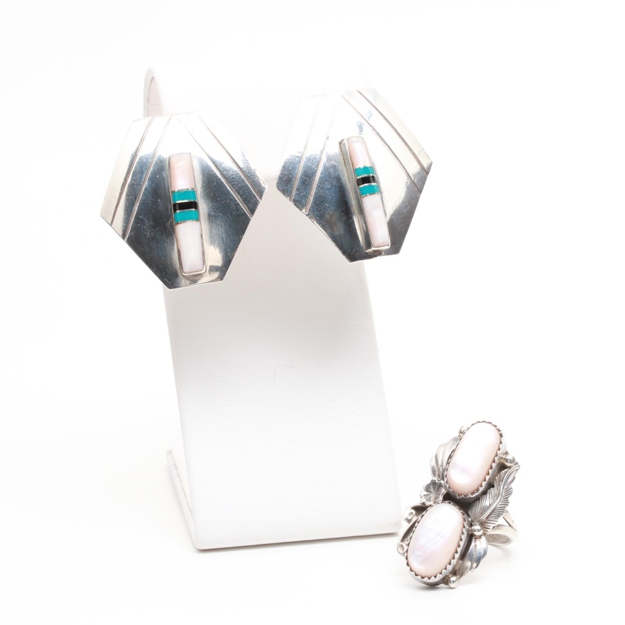 Sterling Silver Mother of Pearl and Turquoise Ring and Earrings