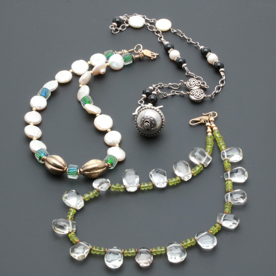 Sterling Silver Gemstone and Glass Necklaces Including Cultured Pearl