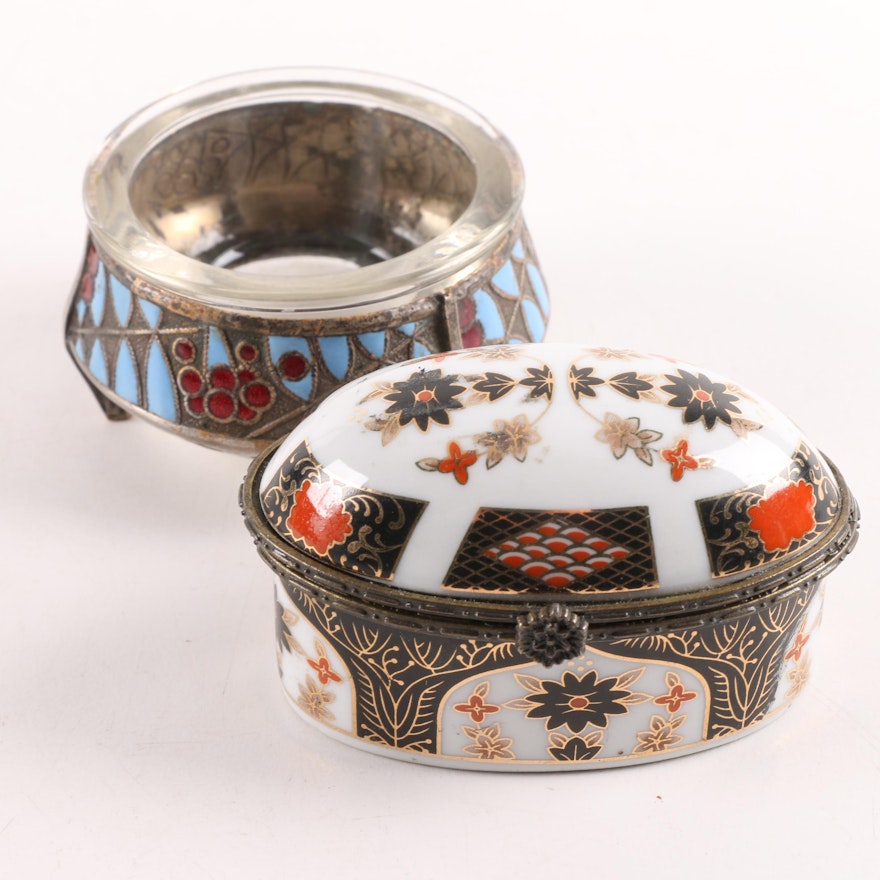 Hommet Russian Silver Plate and Enameled Salt Cellar with Ceramic Trinket Box