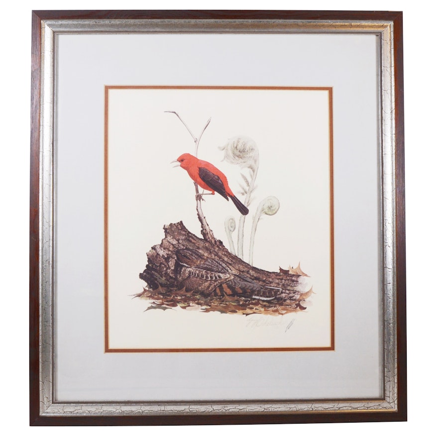 Guy Coheleach Offset Lithograph "Scarlet Tanager and Whip-Poor-Will"