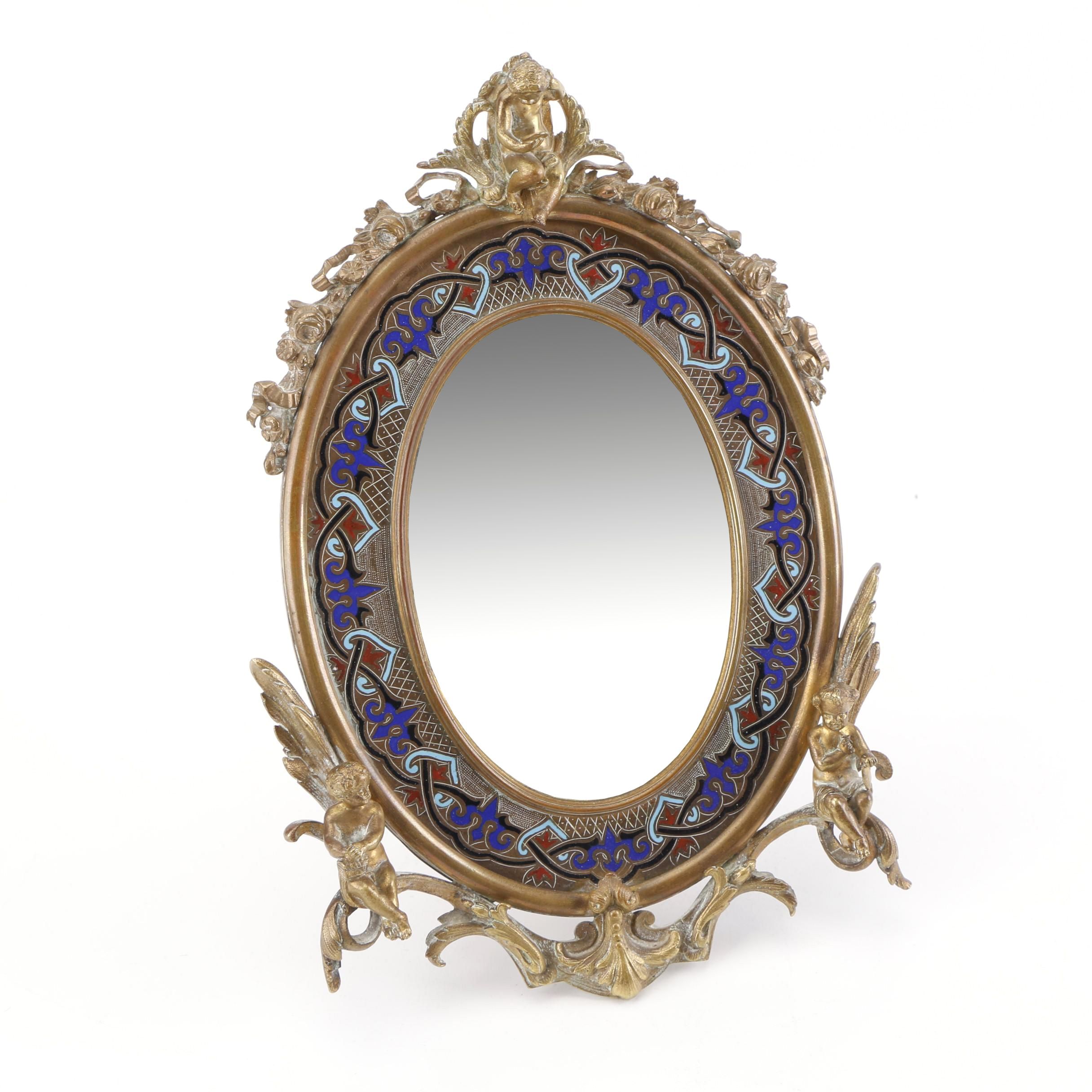 Vintage Baroque Style Brass Cherub Motif Vanity Mirror