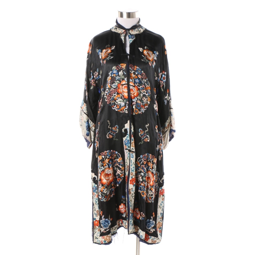 Women's Vintage Chinese Hand Embroidered Black Silk Robe