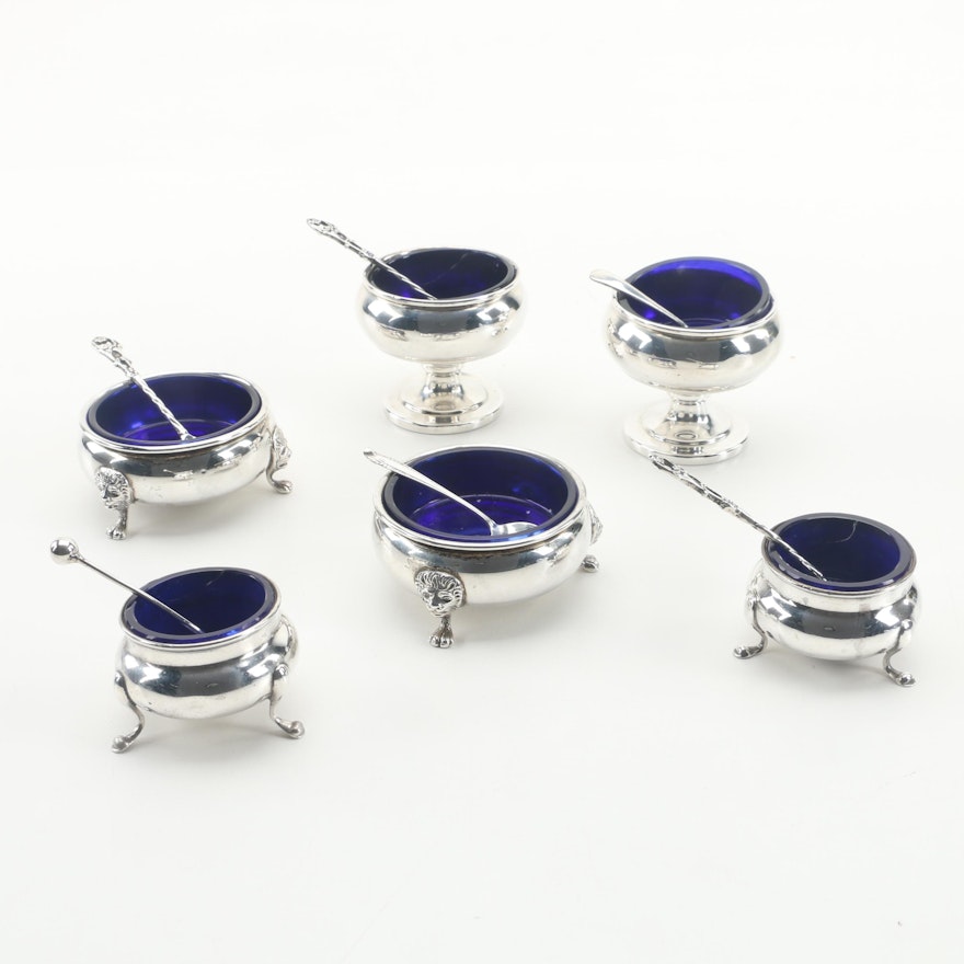 Sterling Silver and Cobalt Glass Salt Cellars With Spoons Featuring Gorham