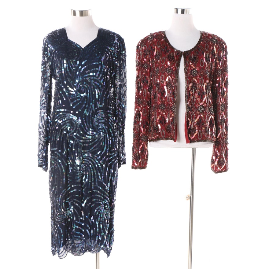 1980s Sténay and Swee Lo Beaded Silk Dress and Jacket