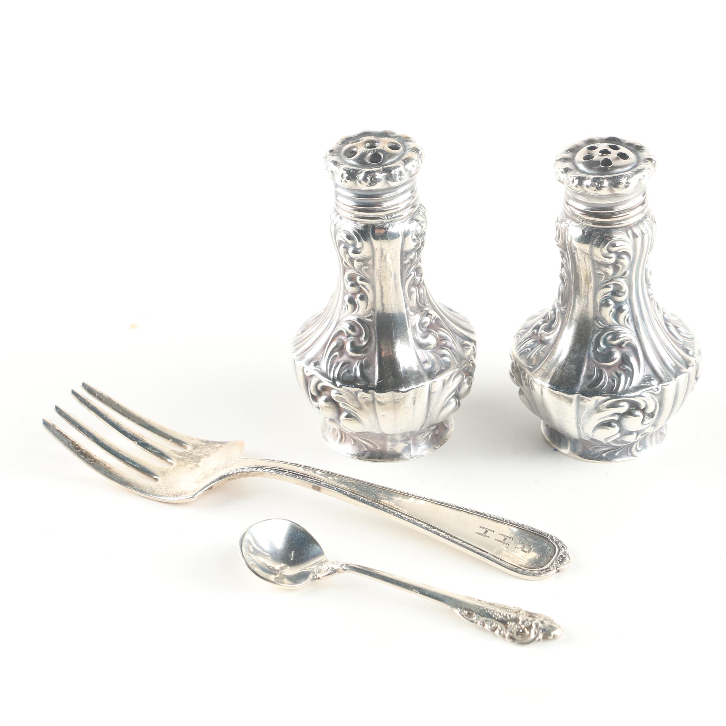 Wallace "Grande Baroque" Sterling Salt Spoon with Sterling Shakers and Baby Fork