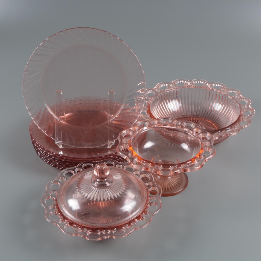 Anchor Hocking "Lace Edge Pink" Depression Glass Serveware with Arcoroc Plates