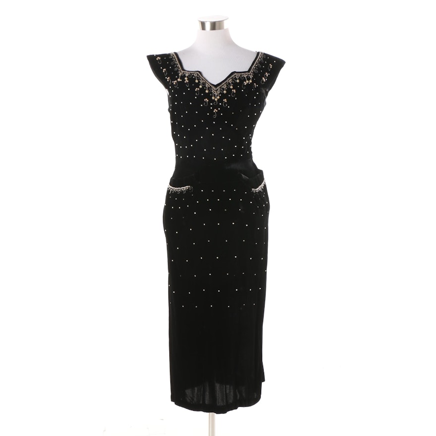 Vintage Black Velvet Beaded Cocktail Dress