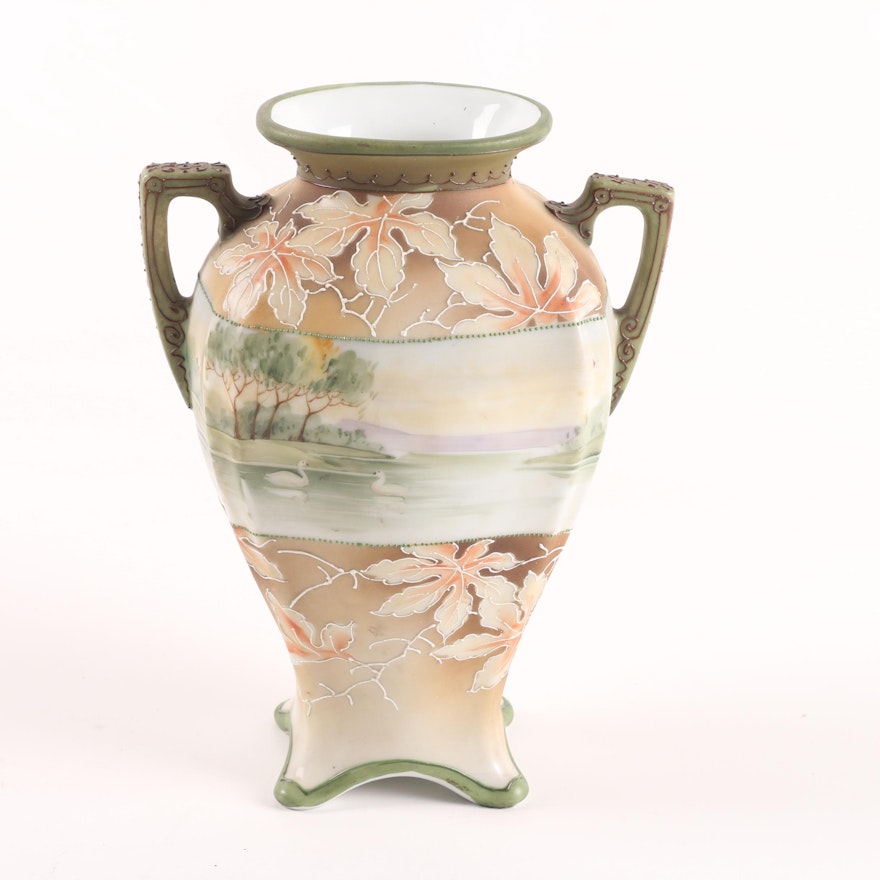 Hand-Painted Noritake Scenic Porcelain Vase with Moriage Details