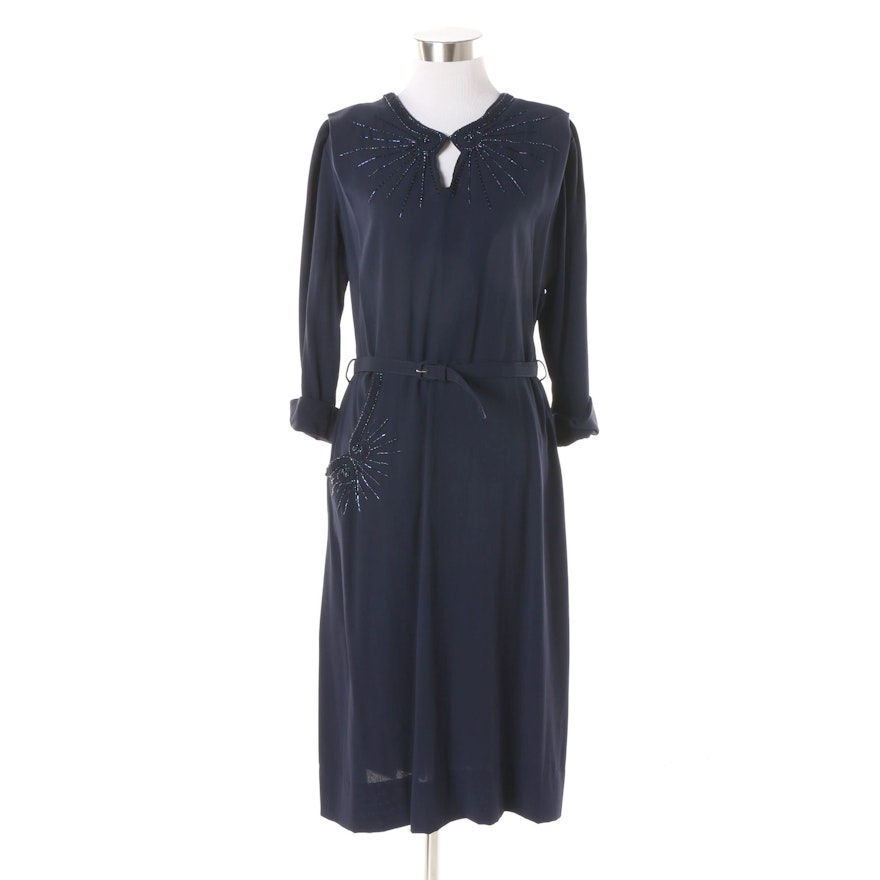 1950s Vintage Form Fit Dresses New York Navy Blue Bead Accented Cocktail Dress