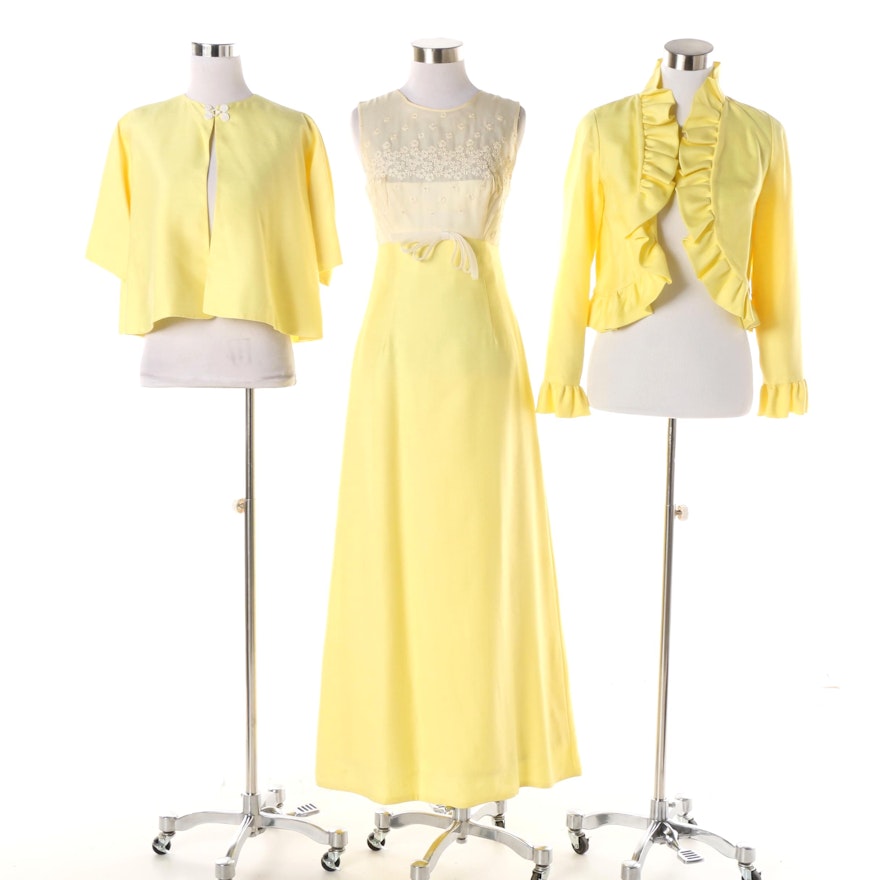 Women's Vintage Floral Embroidered Yellow Gown with Jacket Options