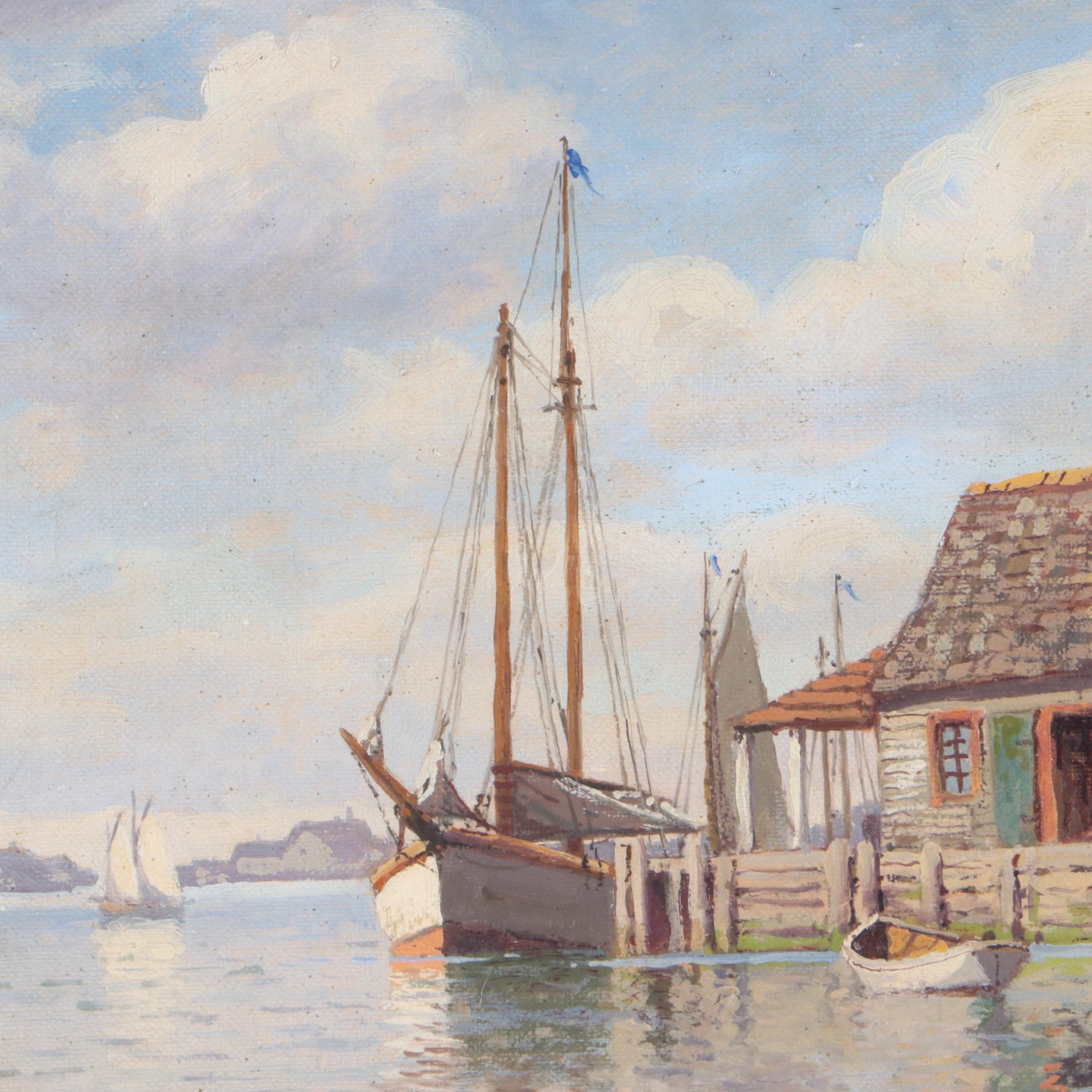 T. Bailey Oil Painting of Harbor Scene