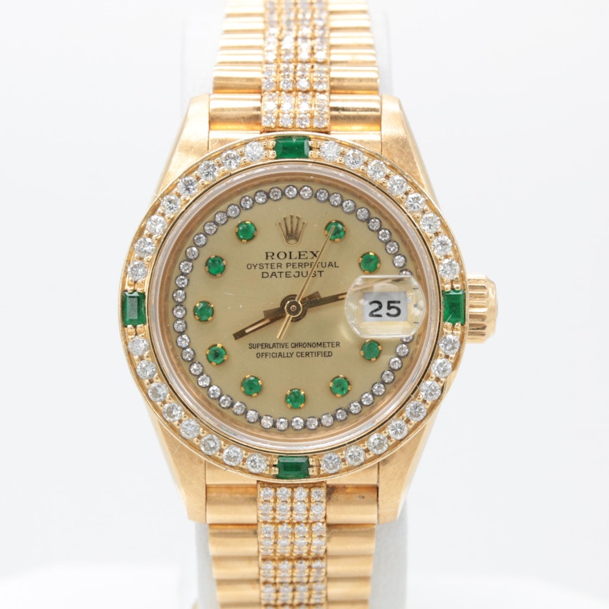 Rolex Datejust 18K Yellow Gold 3.01 CTW Diamond and Emerald Wristwatch