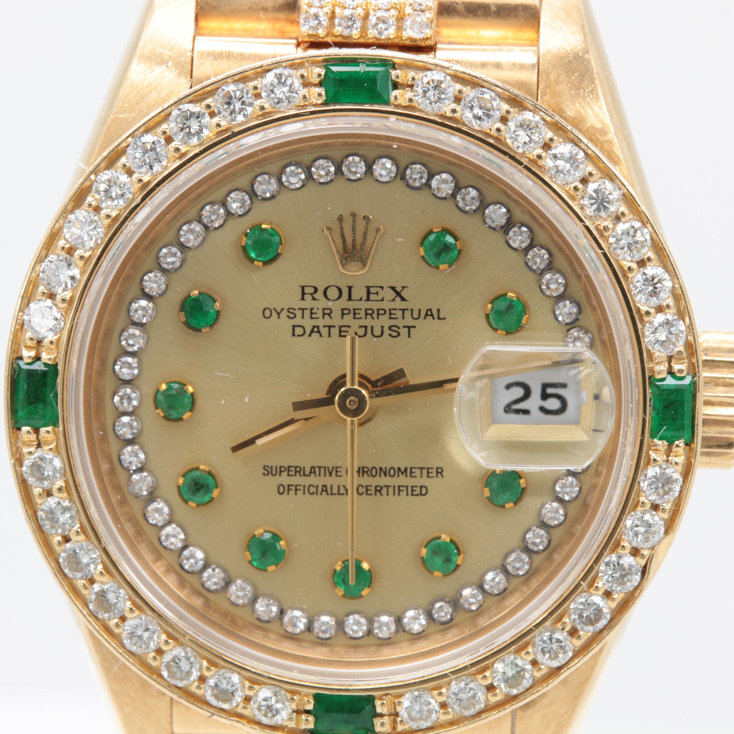 Rolex Datejust 18K Yellow Gold 3.01 CTW Diamond and Emerald Watch