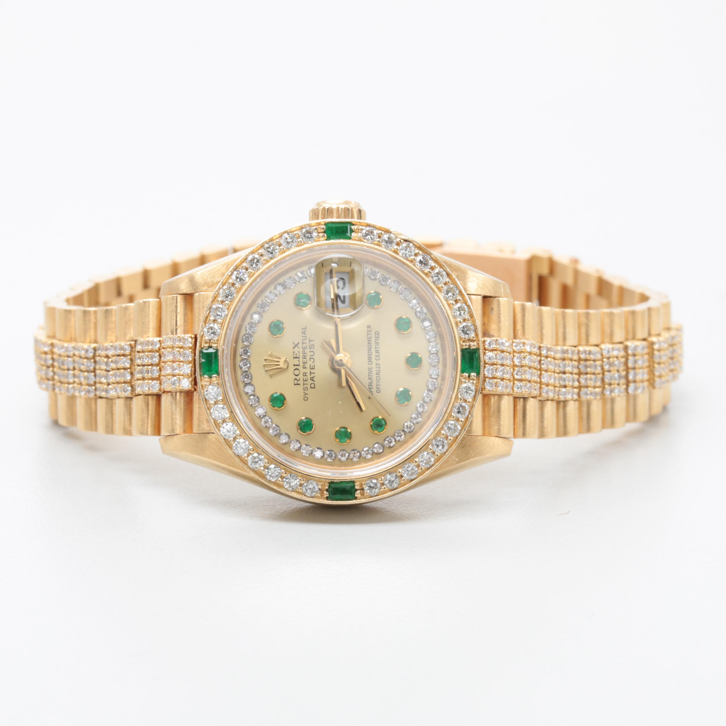Rolex Datejust 18K Yellow Gold 3.01 CTW Diamond and Emerald Watch
