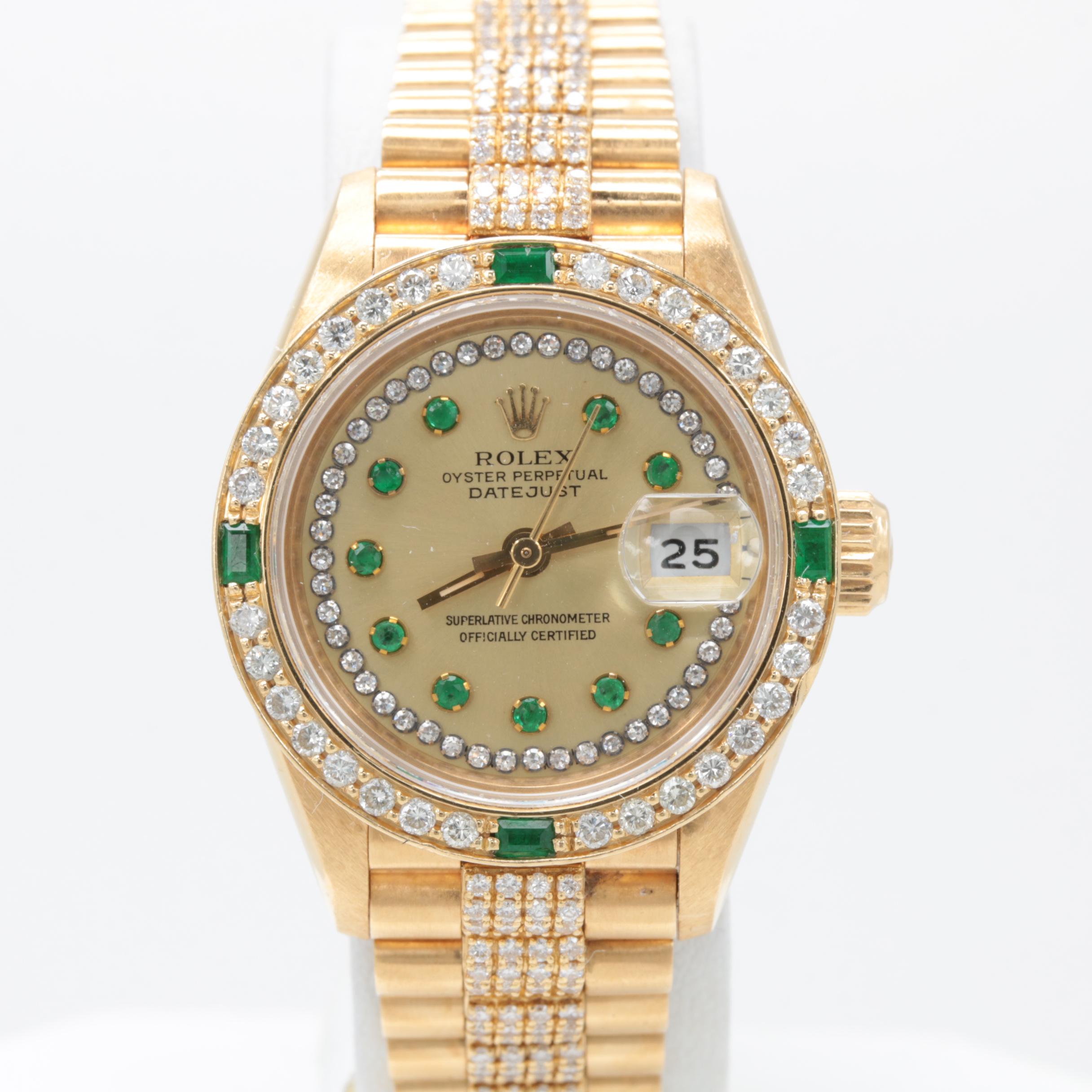 Rolex Datejust 18K Yellow Gold 3.01 CTW Diamond and Emerald Watch