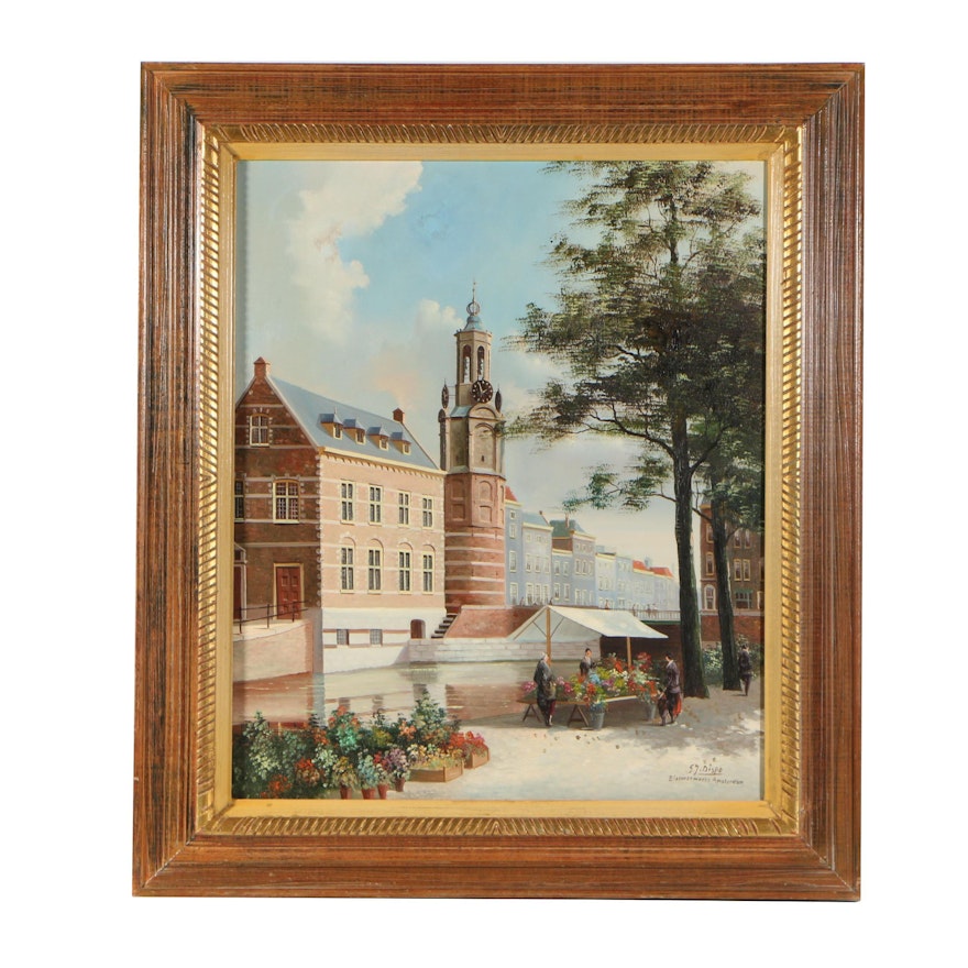 George Jan Dispo Oil Painting "Bloemenmarkt Amsterdam"