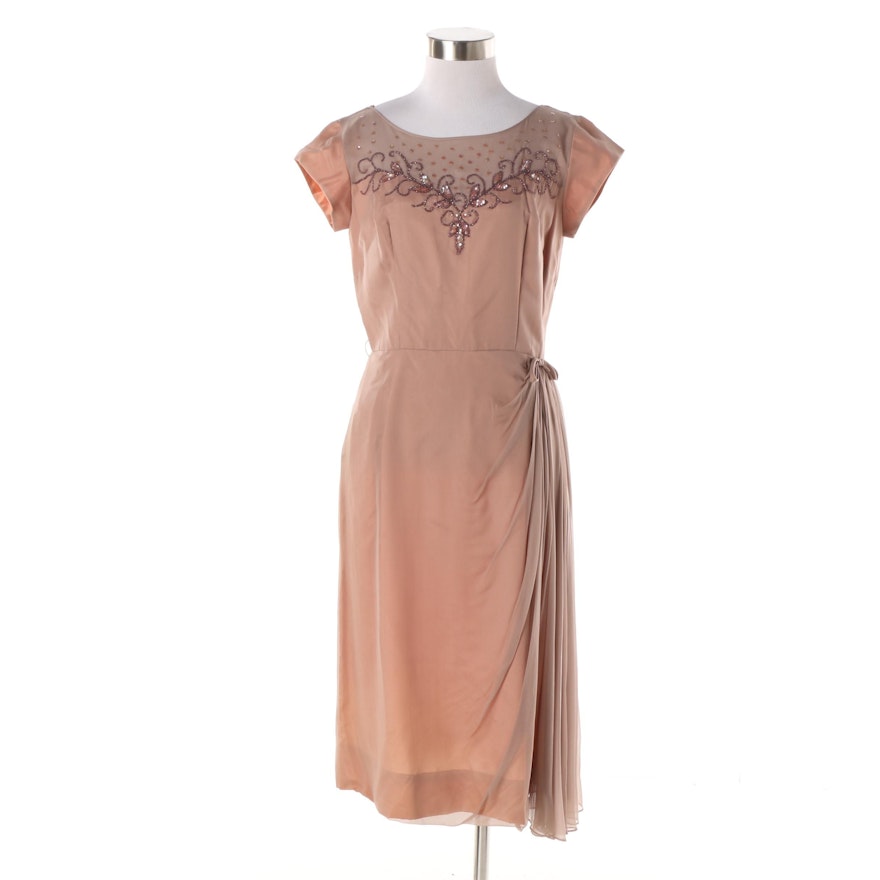 1950s Vintage Mauve Beaded Cocktail Dress with Chiffon Draped Skirt