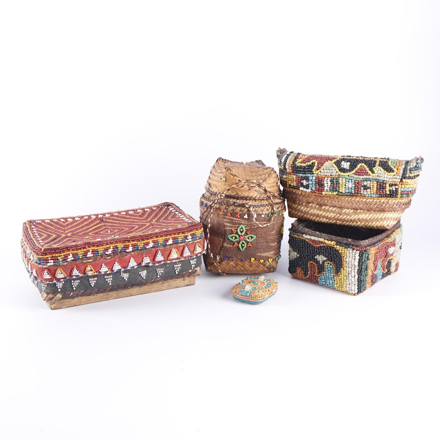 Vintage African Inspired Handwoven Beaded Baskets