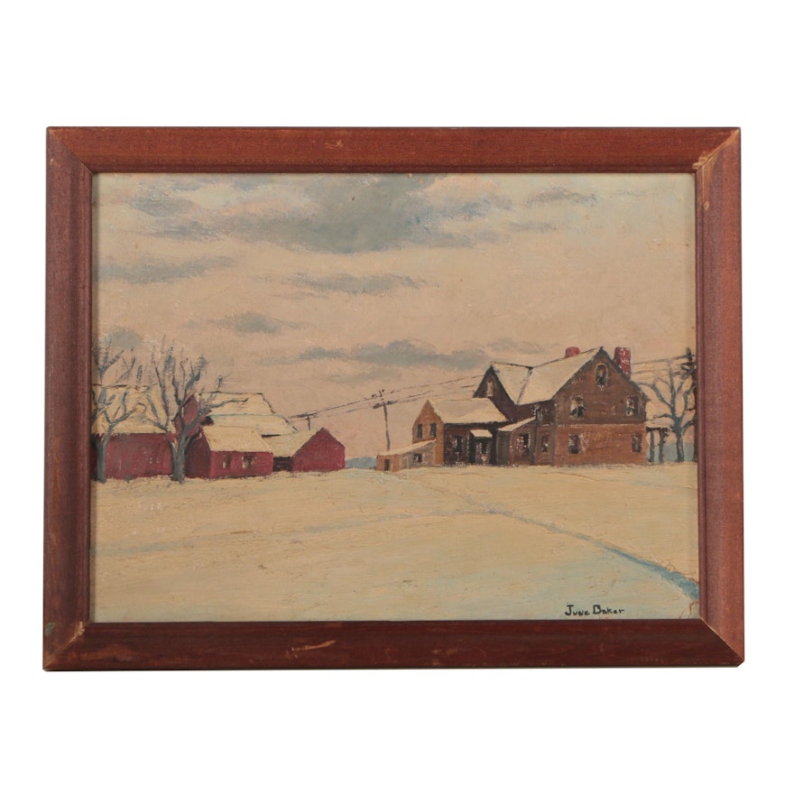 June Baker Winter Scene Oil Painting