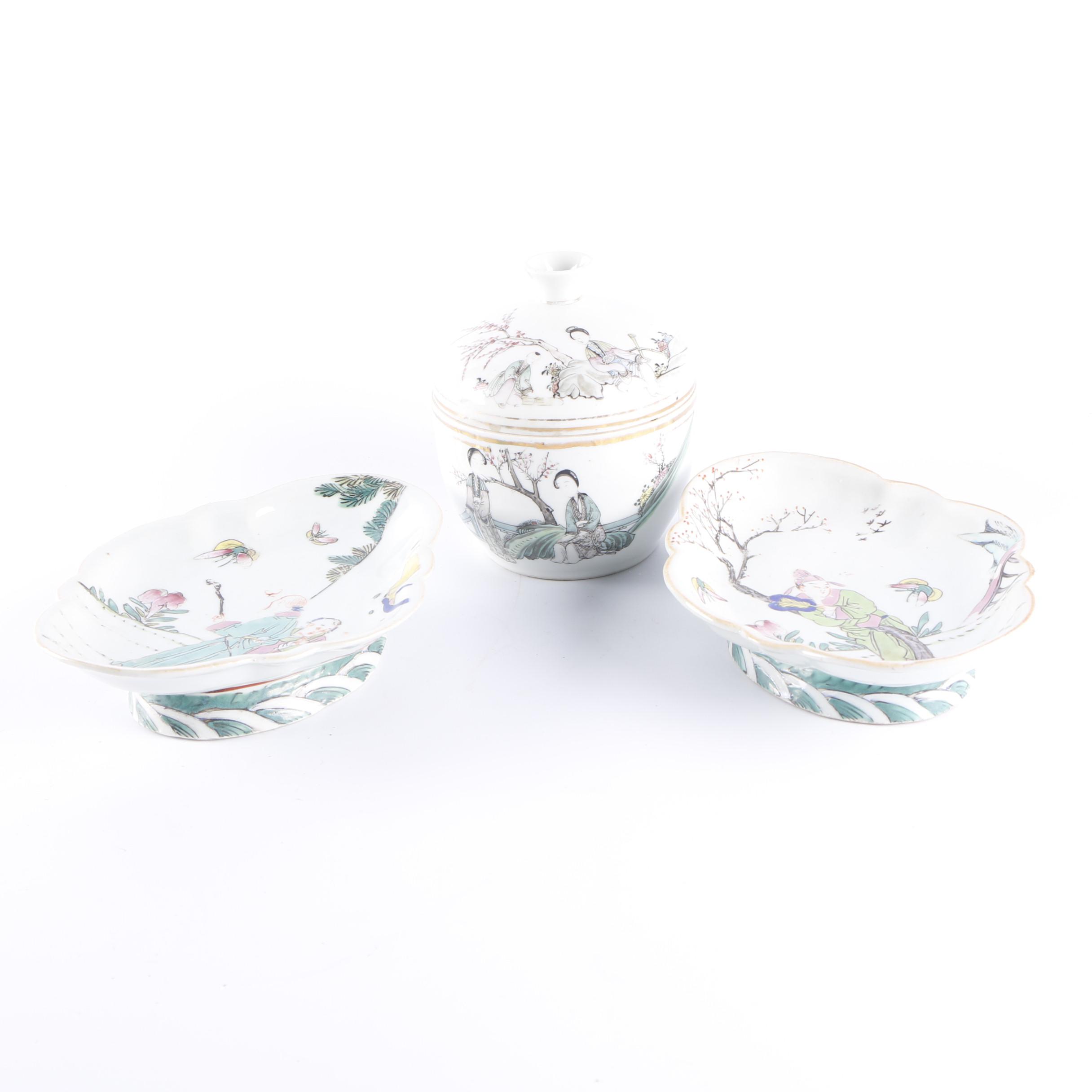 Chinese Pictorial Footed Dishes and Lidded Bowl