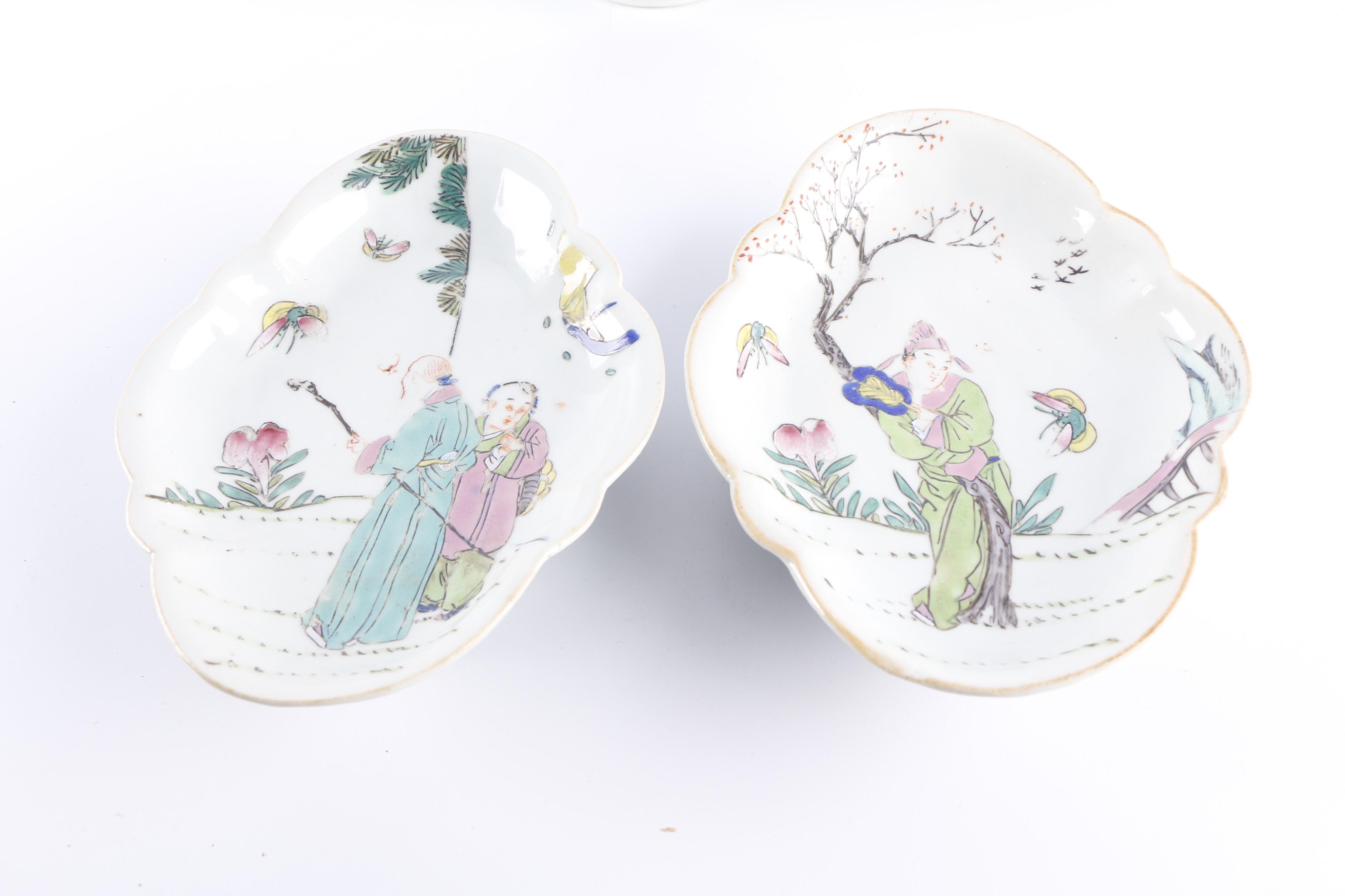 Chinese Pictorial Footed Dishes and Lidded Bowl