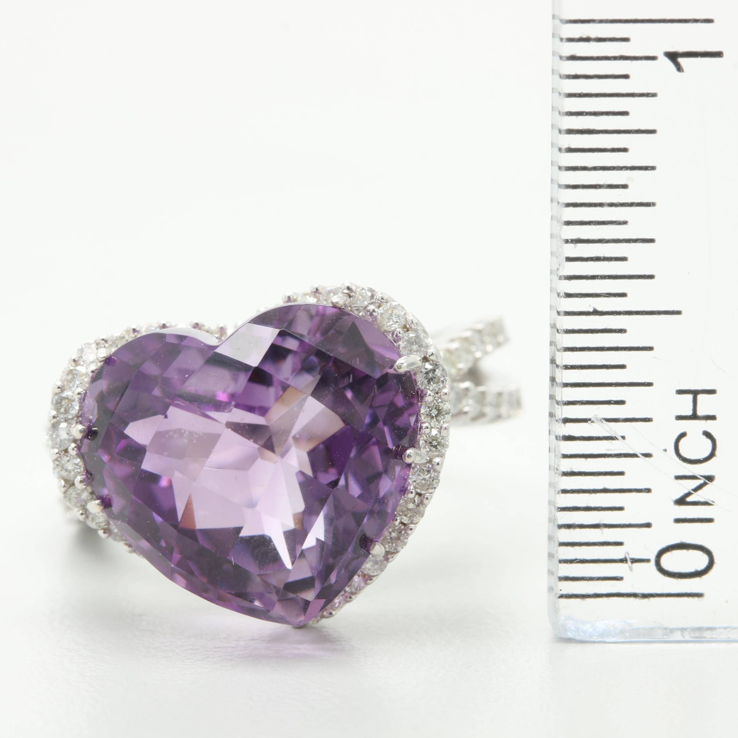 14K White Gold Amethyst and Diamond Heart Ring