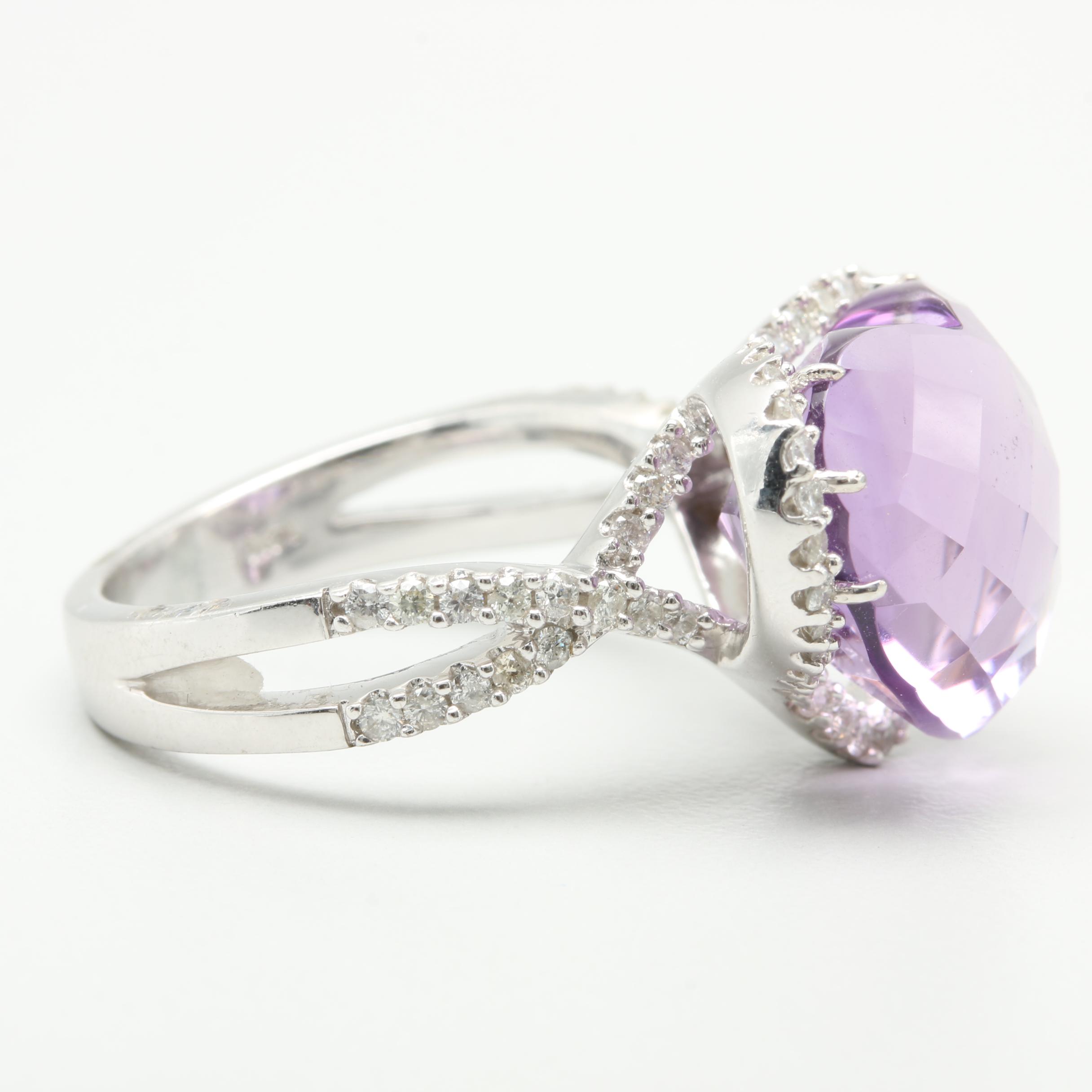 14K White Gold Amethyst and Diamond Heart Ring