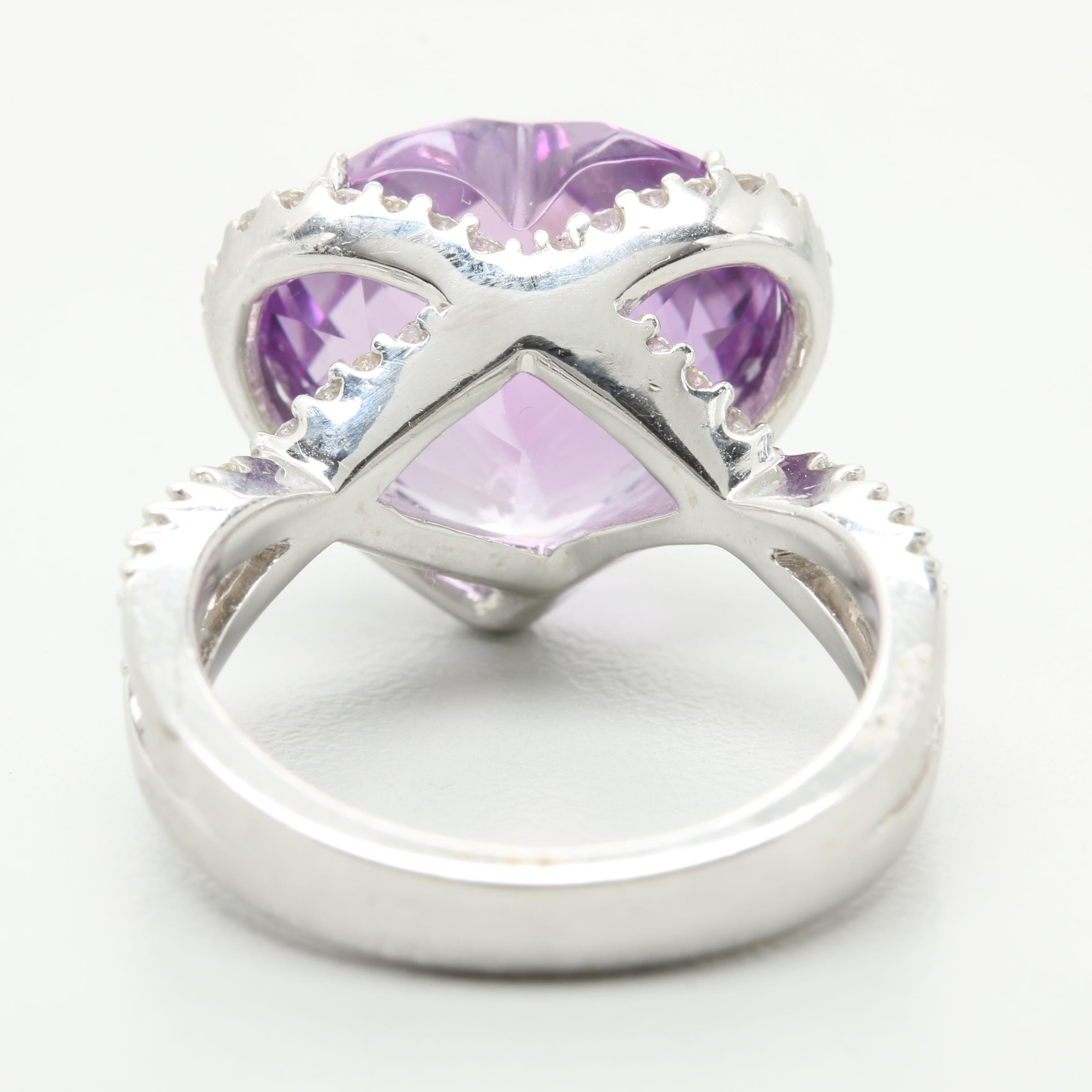 14K White Gold Amethyst and Diamond Heart Ring