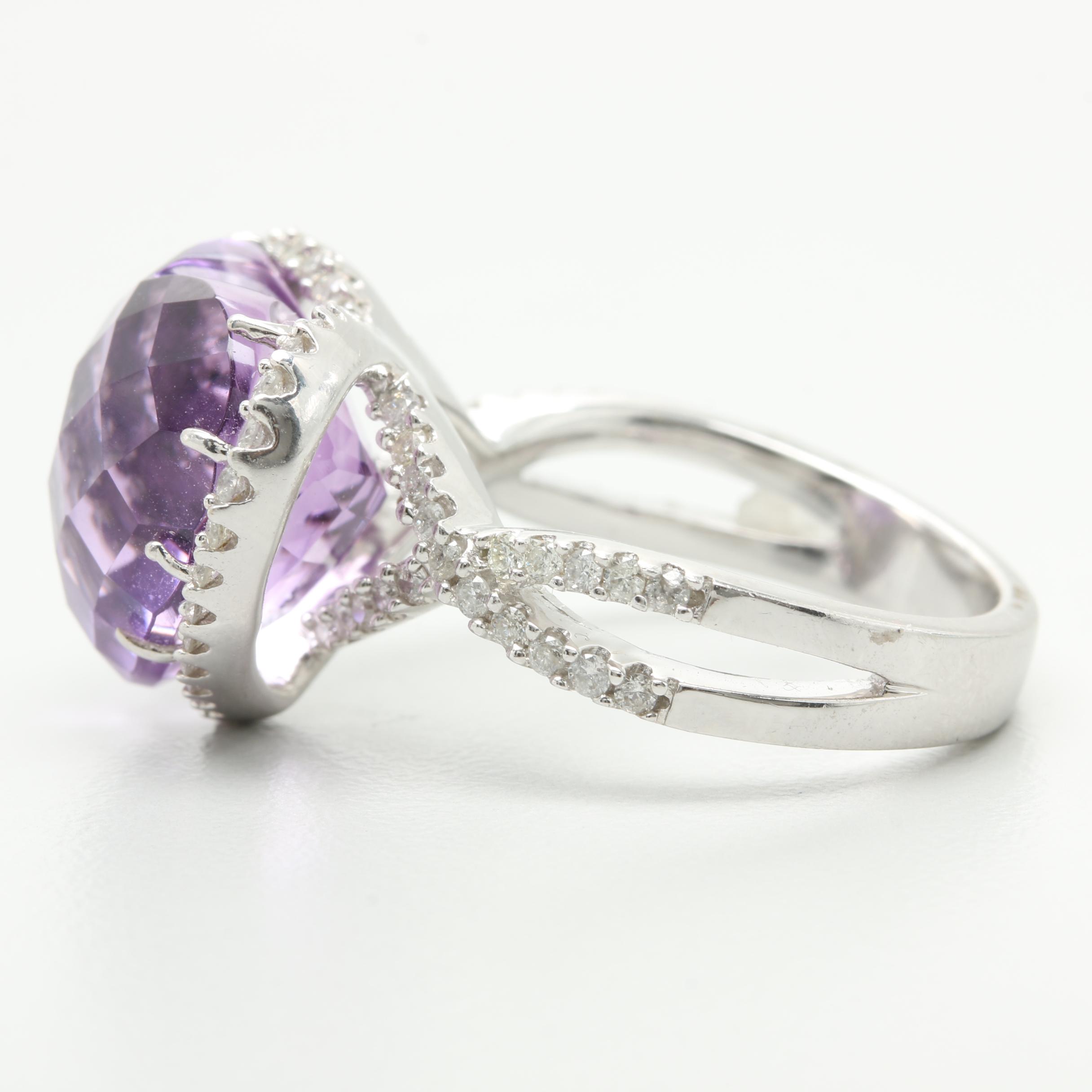 14K White Gold Amethyst and Diamond Heart Ring