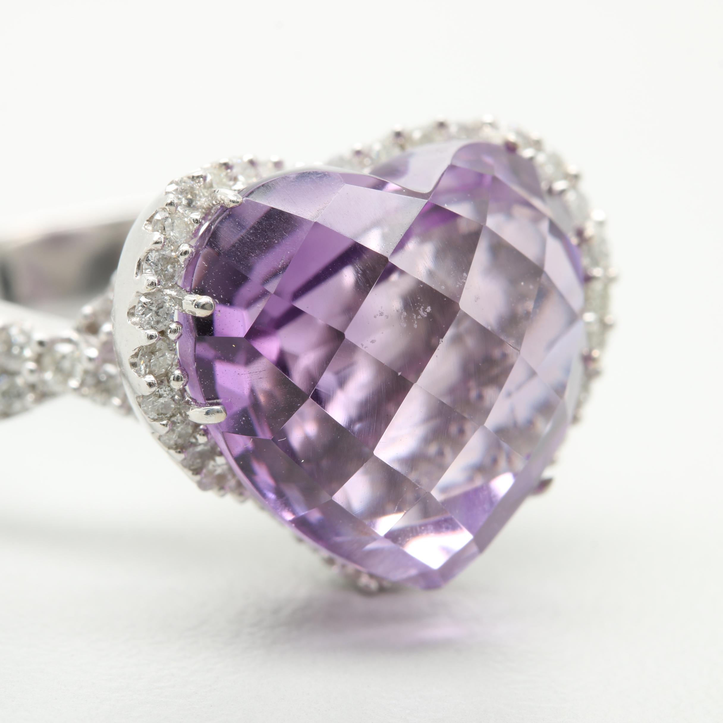 14K White Gold Amethyst and Diamond Heart Ring