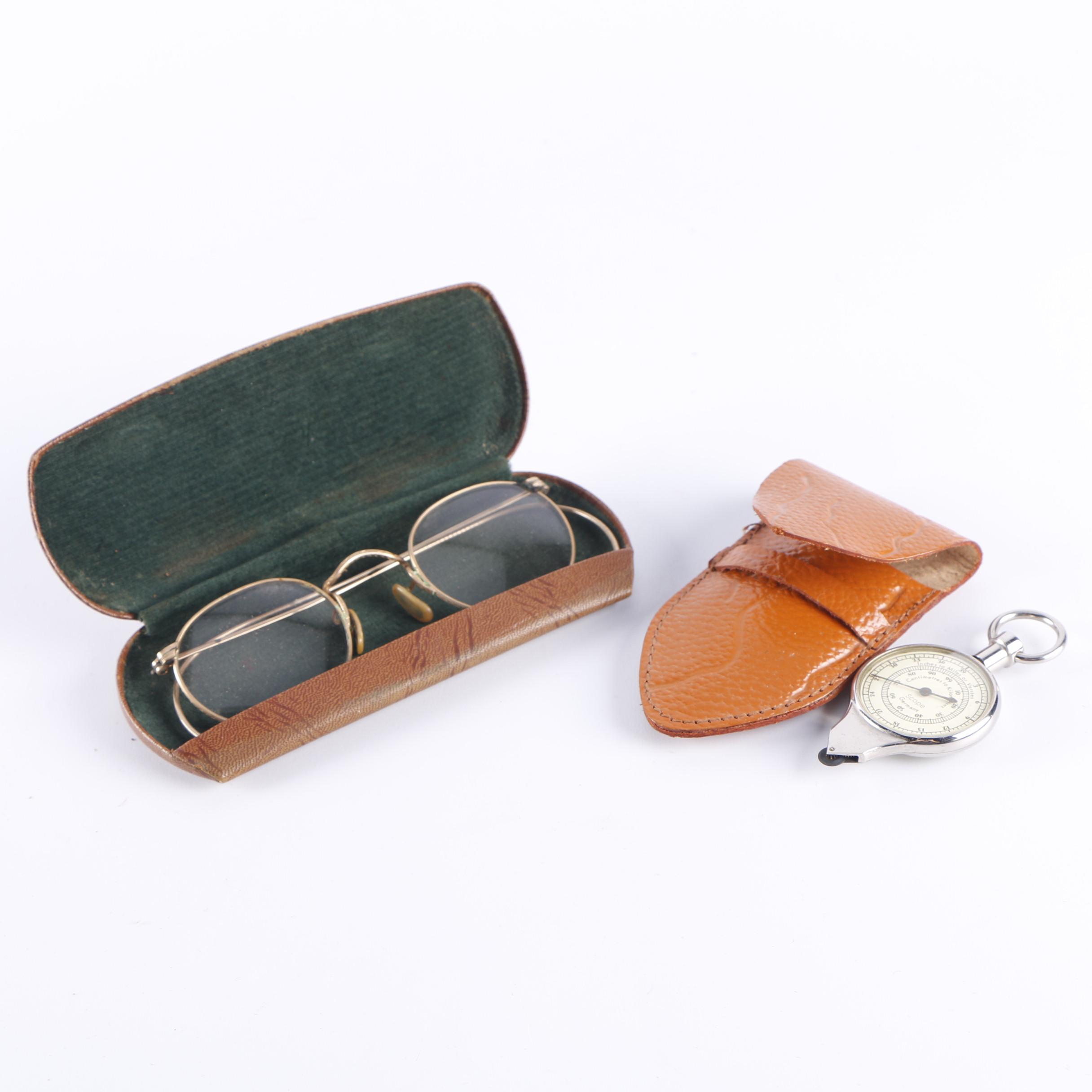 Vintage German Opisometer Map Measurer with Gold-Filled Spectacles