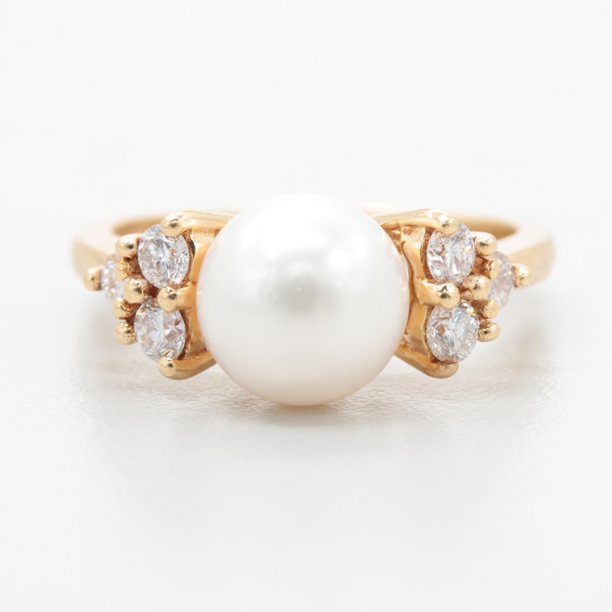 14K Yellow Gold Cultured Pearl and Diamond Ring