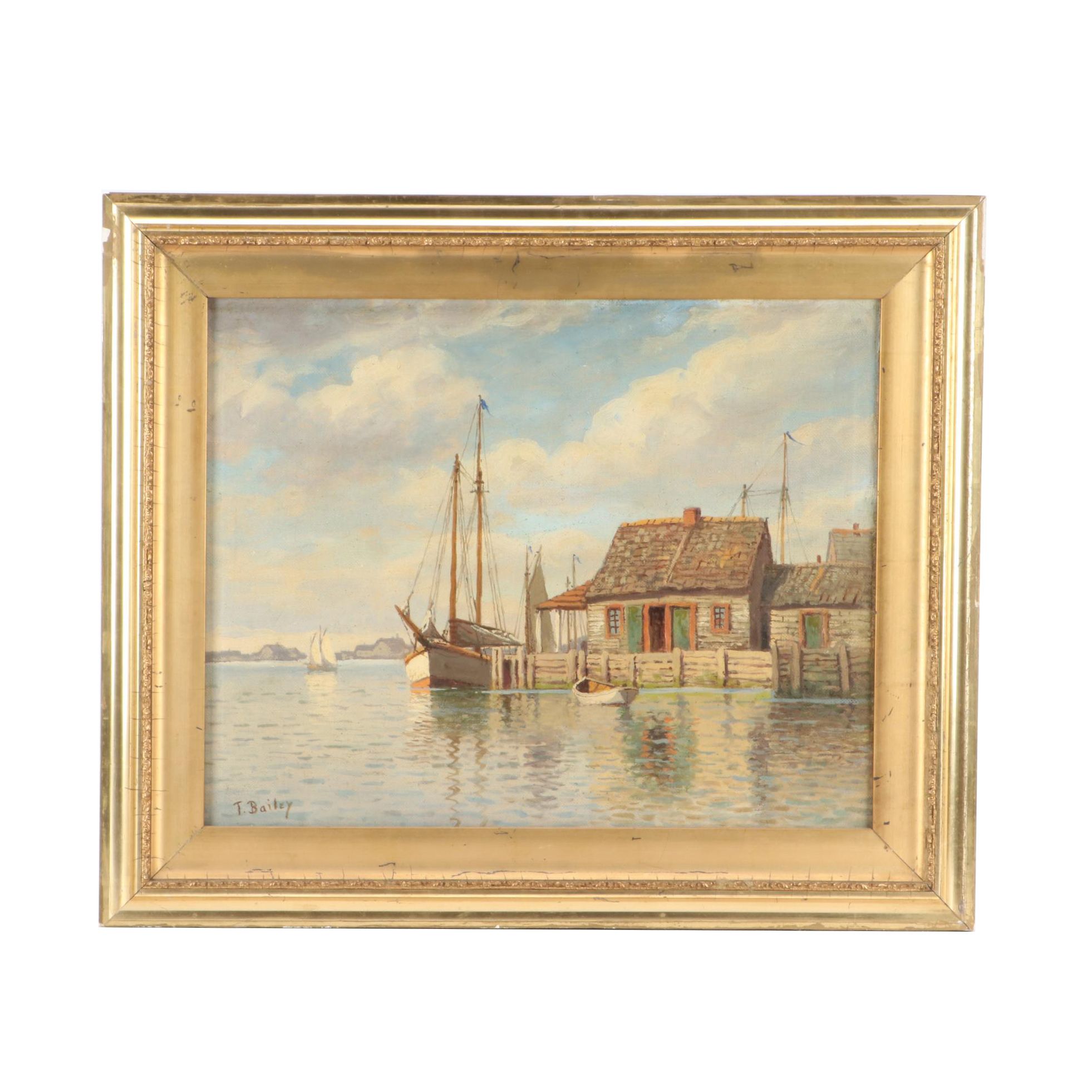 T. Bailey Oil Painting of Harbor Scene