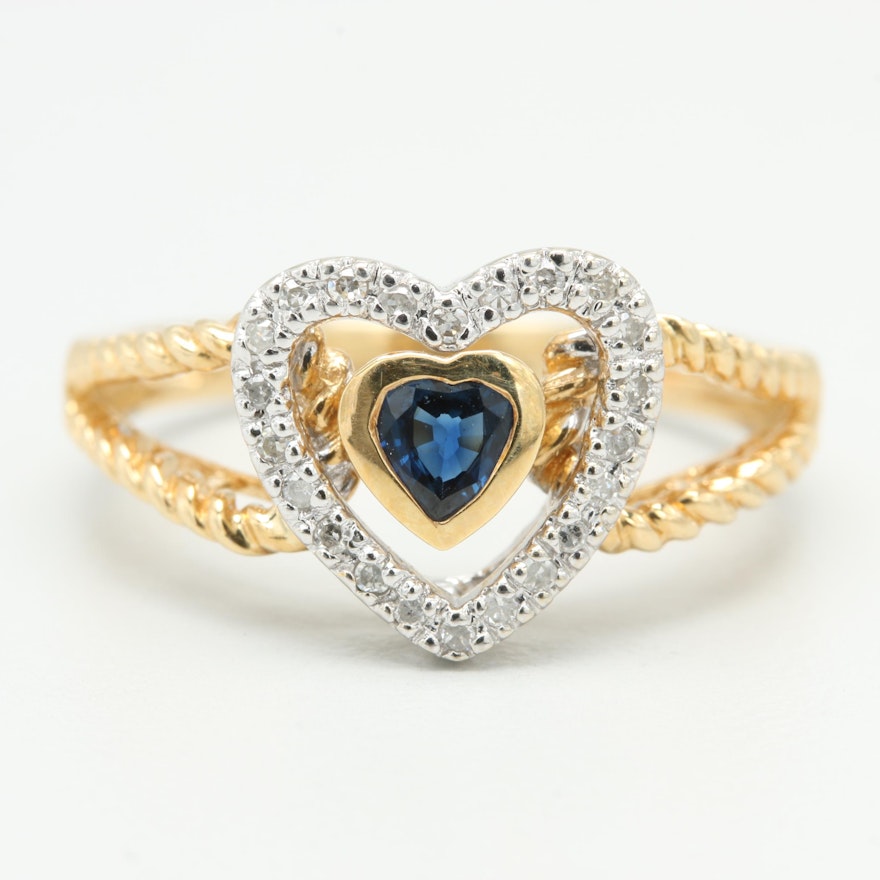 14K Yellow Gold Sapphire and Diamond Heart Ring