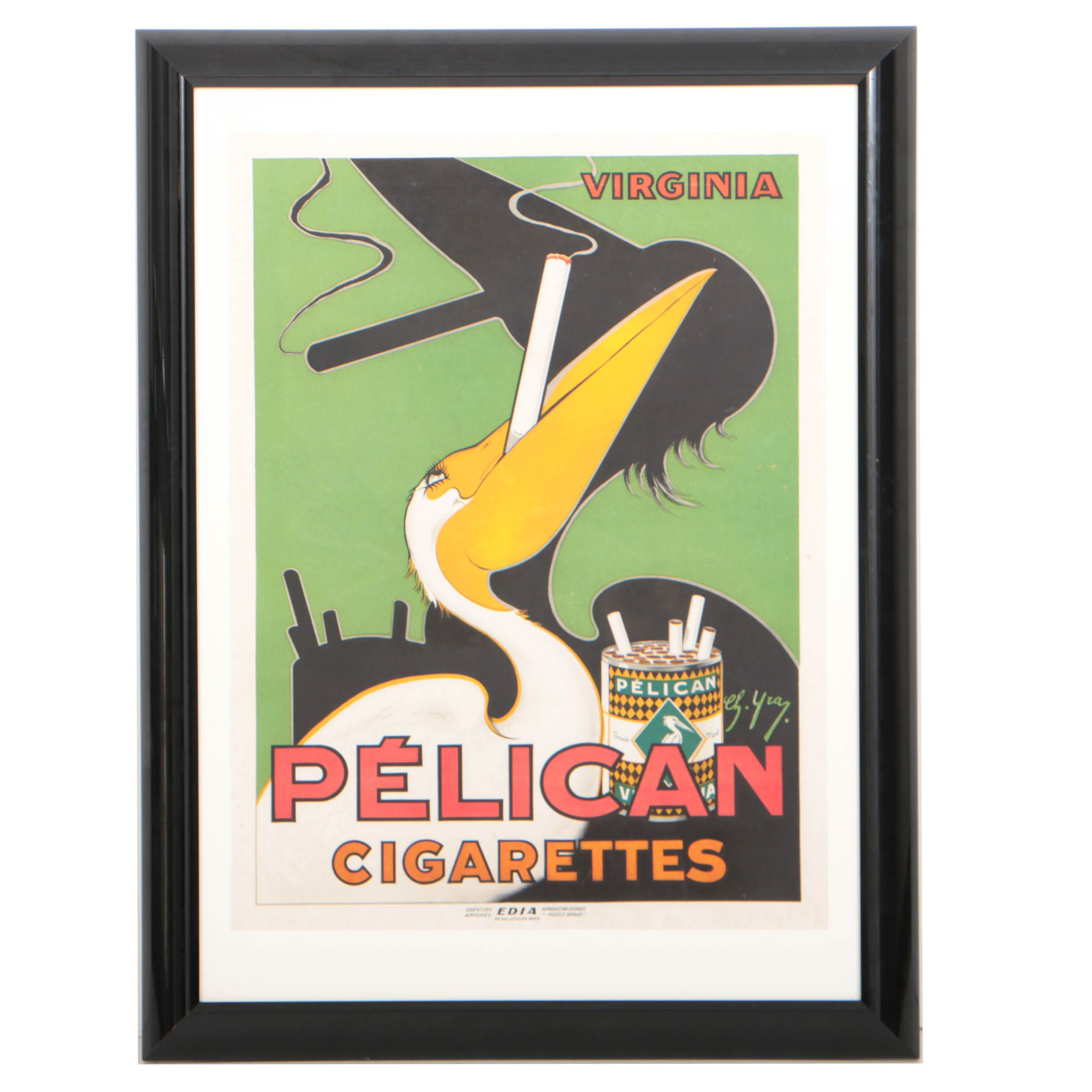 Charles Yray c.1925 Color Lithograph Poster for Pelican Cigarettes